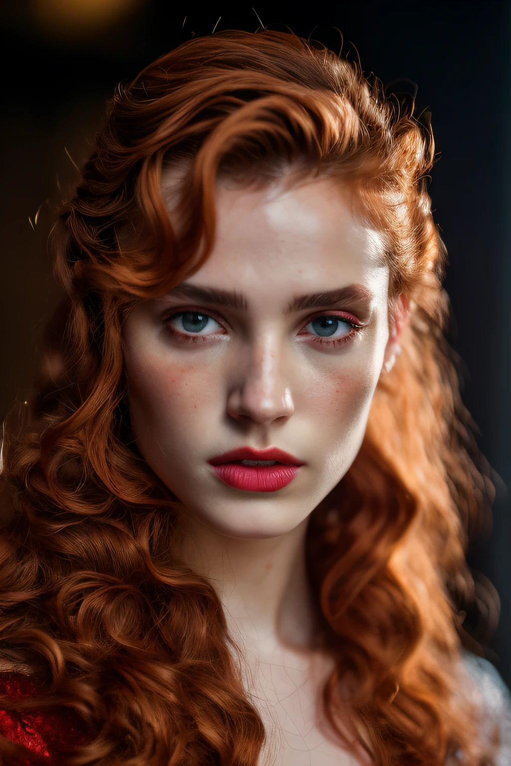 realistic photo of a beautiful red-haired woman, freckles, braided hair, blue eyes, big lips, red lipstick, big sexy breasts out, she is wearing a thin red linen dress with cleavage, erotic representation, sensual and exciting atmosphere, artwork raw and high quality 8k artwork