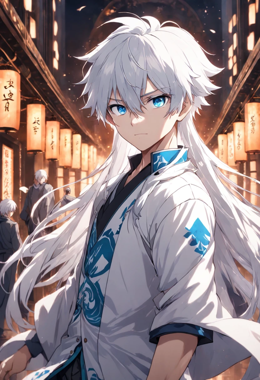 Anime characters with white hair and blue eyes in the palace, Best anime 4k konachan wallpaper, white-haired god, white haired Cangcang, Tall anime guy with blue eyes, White-haired youth, 4k manga wallpapers, nagito komaeda, style of anime4 K, young anime man, Anime art wallpaper 8 K, Anime wallpaper 4K, Anime wallpaper 4 k front full body