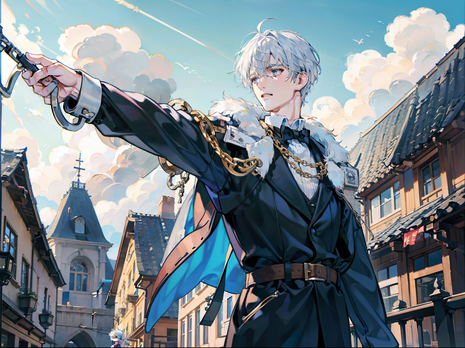 The white-haired boy held the chain,Old man with crutches tied,Old town street roof