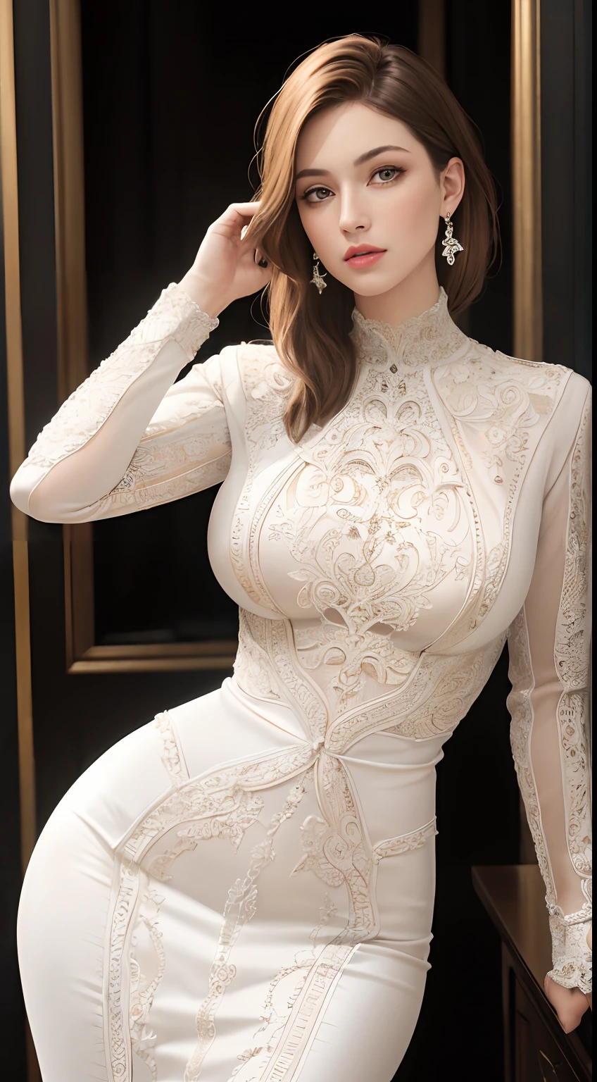 (Masterpiece:1.2, Best quality), Realistic, (Real picture, Intricate details, Depth of field，High neck clothes), parted lip, highly  detailed, Perfect face, Perfect body, Large models,
Mature woman, Tall, Long legs, 
Natural background bokeh