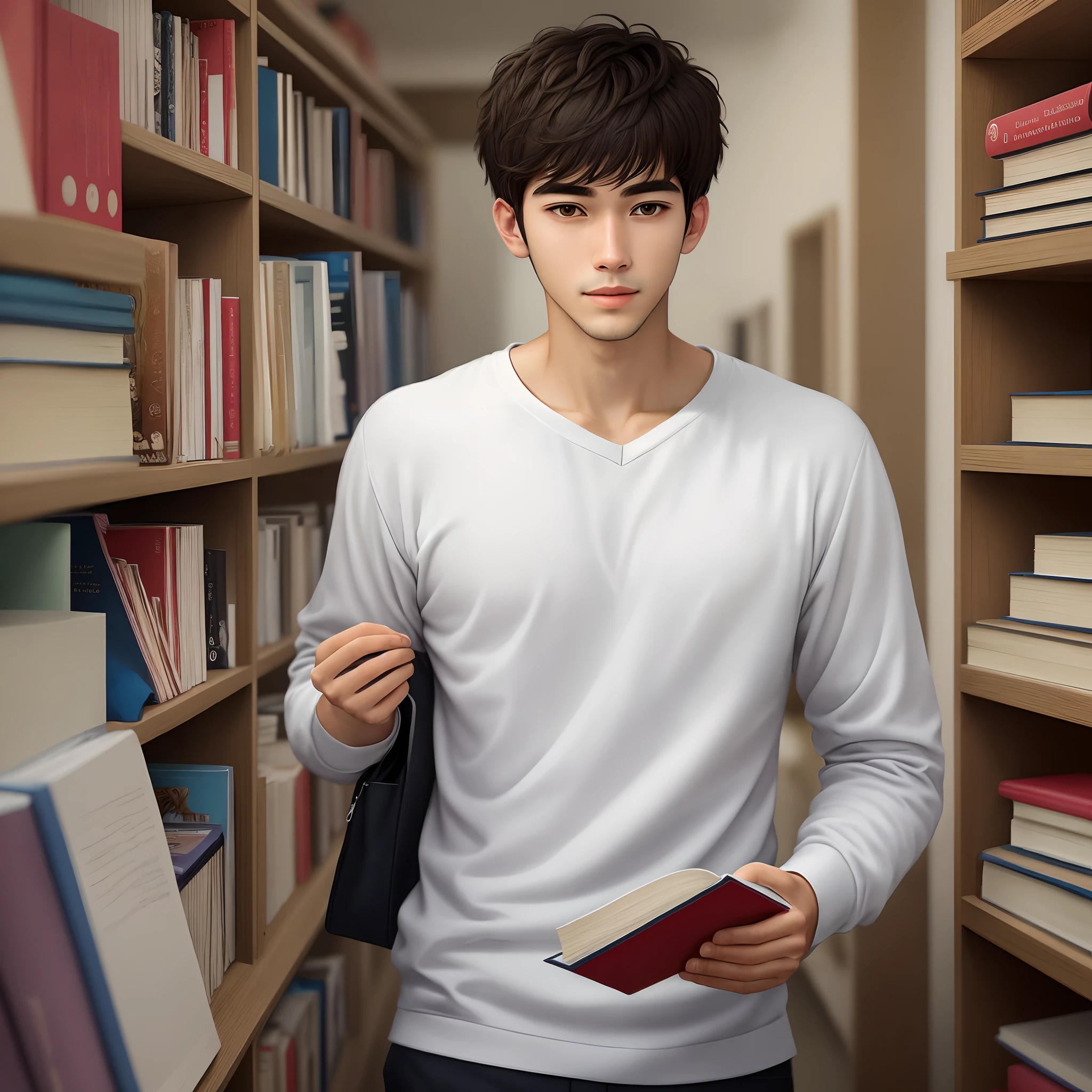 of a guy,wearing white clothes,25 age old,looking at book