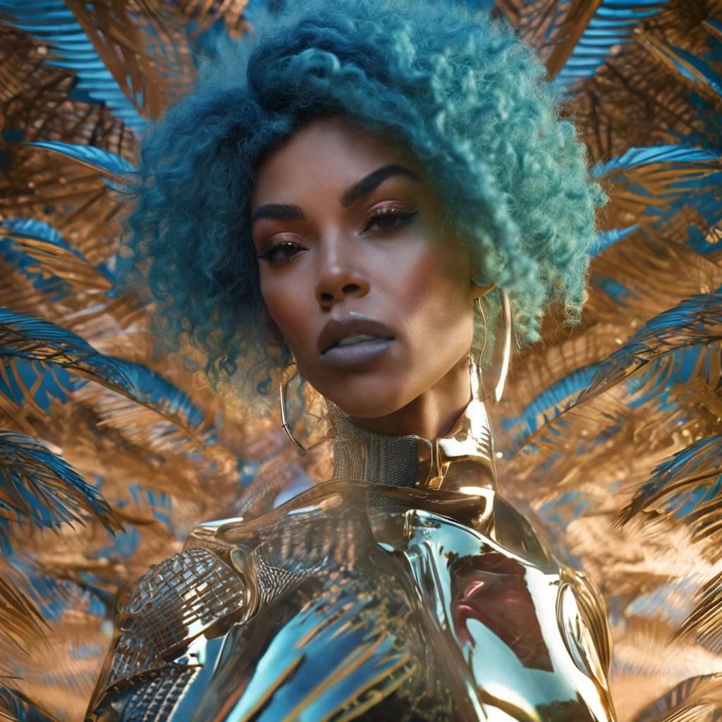 android, (bamboo forest:1), (Adult Spanish woman:1.6), (polyvinyl Jacket With Rivets:1.3), (floating blue hair:1.4), (open zipper:1.6), (sexy:1.5), (erotic:1.6), (afro hairstyle:1.6), best quality, sunlight, detailed face, gorgeous eyes, realistic skin details, high quality, seen from below, translucent, (voluptuous:1), sensual, lascivious, dominant, romantic, high quality, film grain, Cinematic Light, sidelighting, sharp focus
