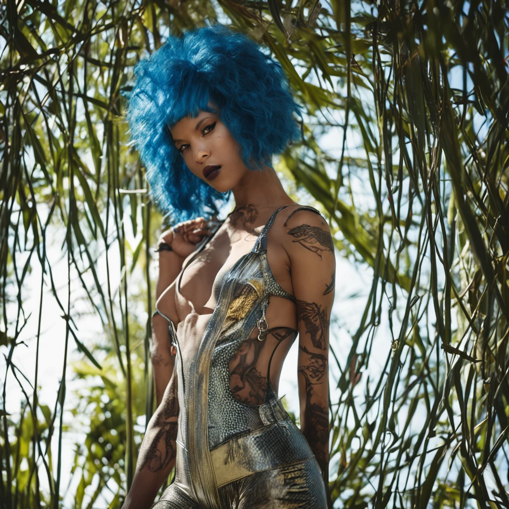 android, (bamboo forest:1), (Adult Spanish woman:1.6), (polyvinyl Jacket With Rivets:1.3), (floating blue hair:1.4), (open zipper:1.6), (sexy:1.5), (erotic:1.6), (afro hairstyle:1.6), best quality, sunlight, detailed face, gorgeous eyes, realistic skin details, high quality, seen from below, translucent, (voluptuous:1), sensual, lascivious, dominant, romantic, high quality, film grain, Cinematic Light, sidelighting, sharp focus