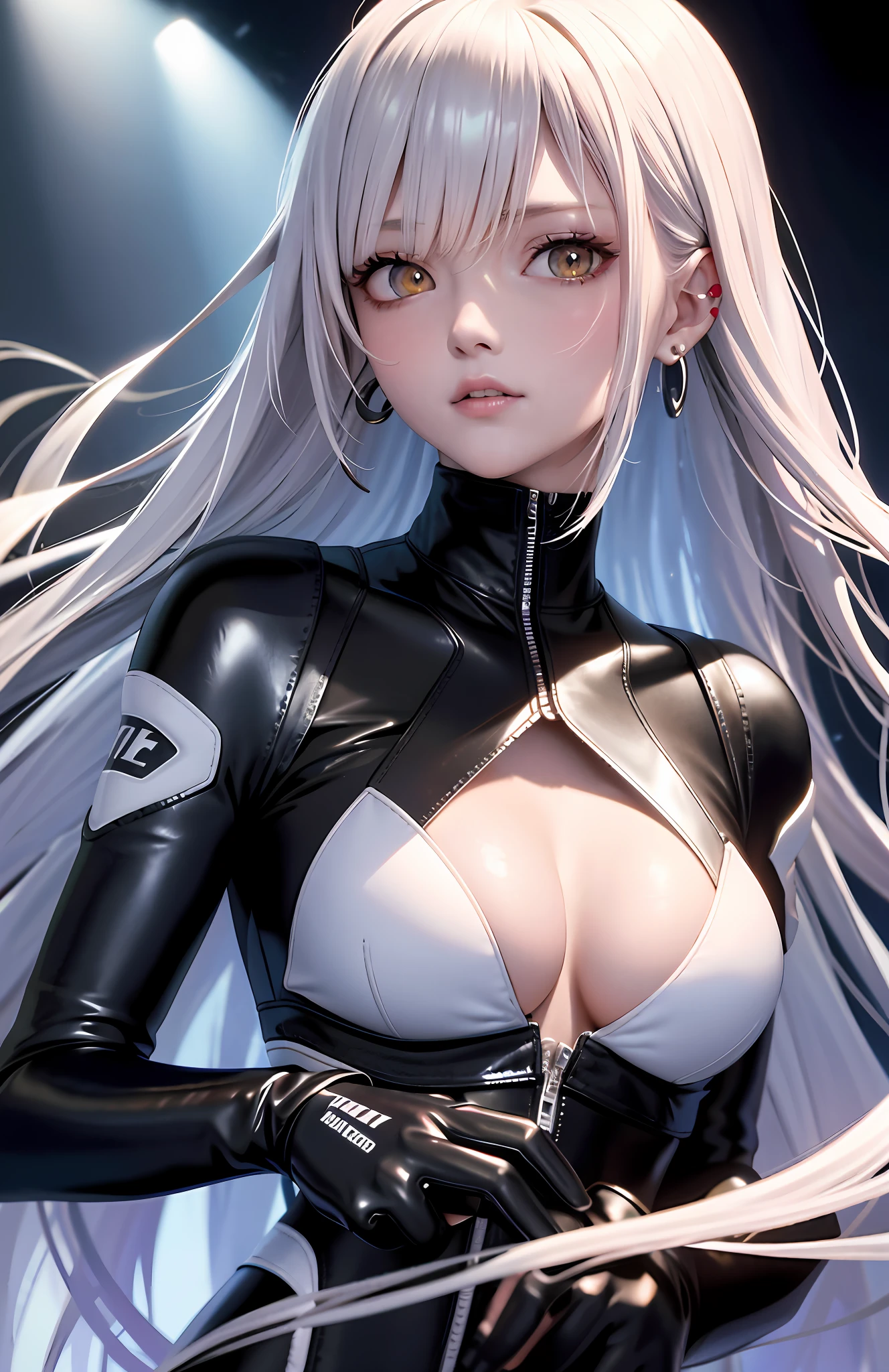 optimum，tmasterpiece，A high resolution，best qualtiy，hyper HD，super detailing，Award-Awarded，16k，独奏，（The upper part of the body），anatomy correct，Beautiful cyberpunk girl，cute  face，，Gradient Beige Hair，Hairline，（（Scarlet eyes）），long eyelasher，Hanging eye corners，White skin of the，（small boobs），（Slim body），（（Women's super short shawl leather jacket）），（（bikesuit）），ear studs，（neck rings），（Laser material clothing：1.2）