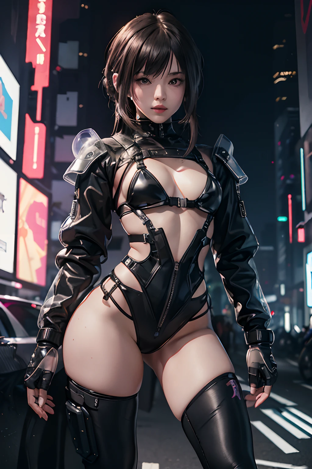 ((Best quality, 8K, Masterpiece: 1.3)),(Ultra-detailed:1.3), 1 girl , ("cyber punk perssonage , techwear outfits, Jacket":1.3 ),("Tiny micro bikini , Transparent ":1.2), (mitts:1.2),("techwear outfits, Leggings, thigh high:1.2)Large breasts , upper legs , (Dynamic pose:1.1), "elaborate detail, Costume",Wind ,The future of cities