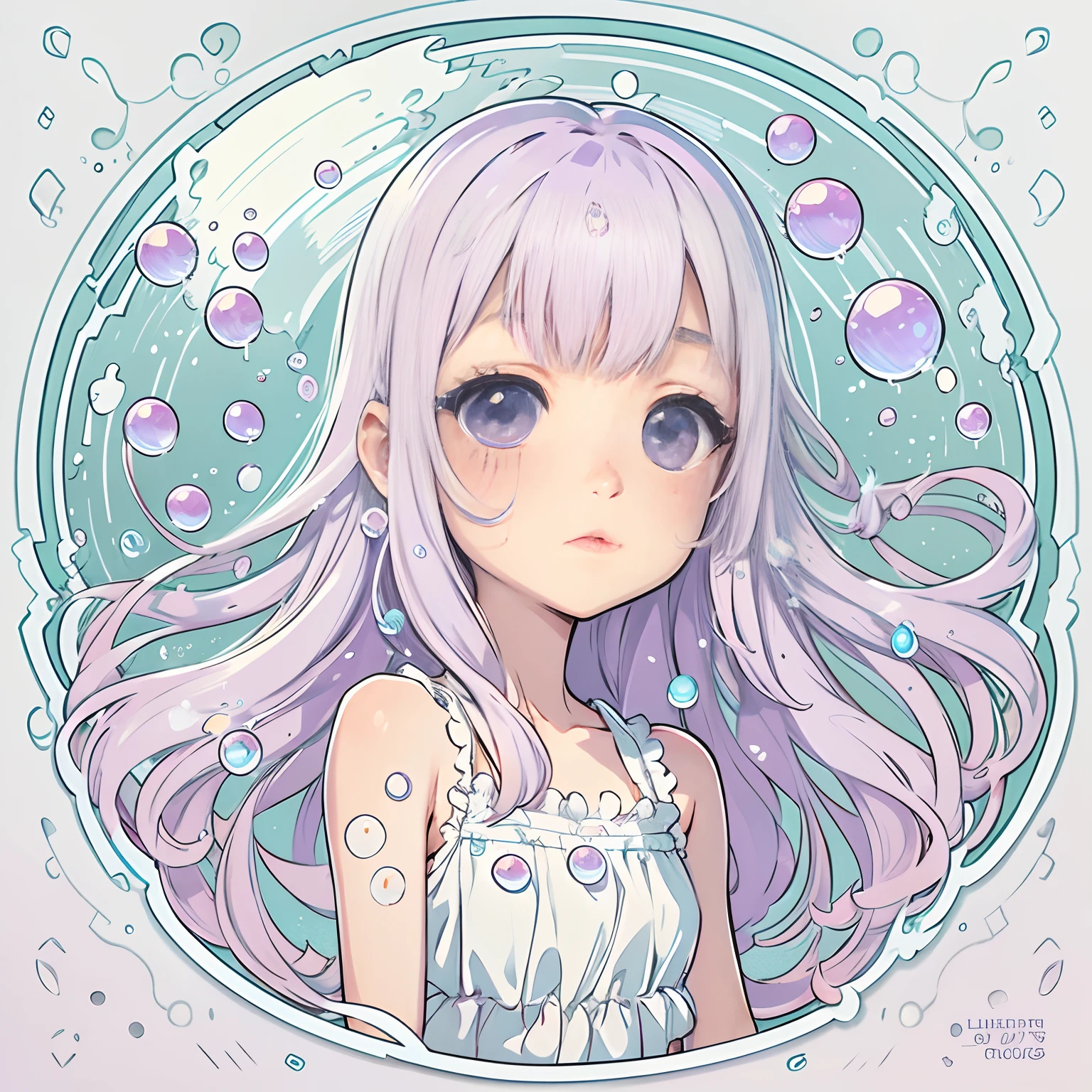 Sticker, Cute anime girl head, Long light pink hairstyle,Extra-long hair,Light purple eyes,Cute white dress,Colorful bubbles,The feeling of water droplets around,in circle, White background, Light sky blue background,Simple, Ultra detailed, Detailed drawing, vectorised, Silhouette, 8K, professional sticker design, Flat design, Vector lines, Sticker, Drawing, Drawing, Full-HD
