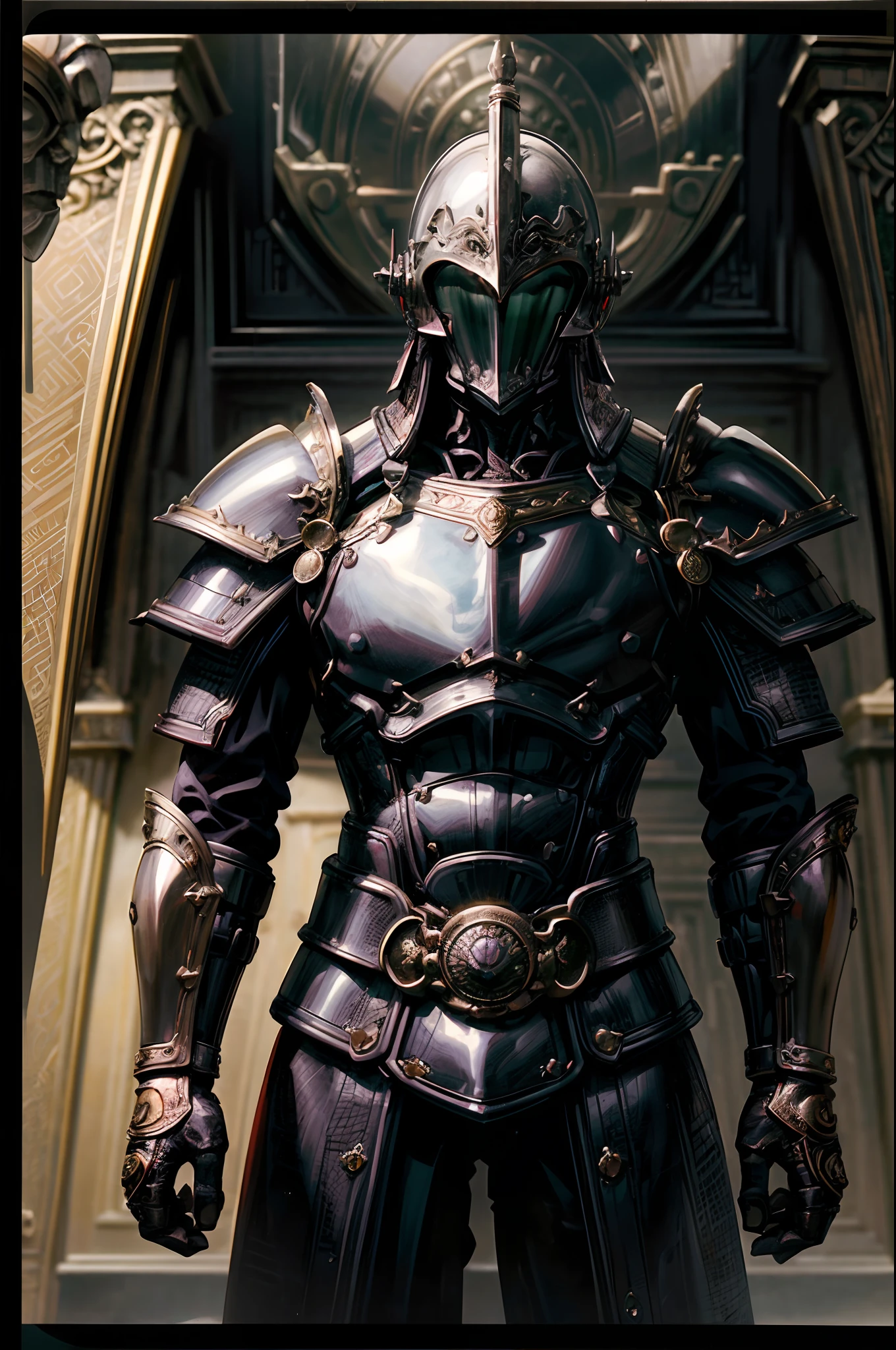Works of masters,Best image quality,Polaroid,high detal,Hyper-Resolution,male people,Portrait of a noble knight,Dignified,Mighty and strong,Black gold armor,eventide,Crepuscular Rays,Dingdall effect,Bust,Ancient luxury palace,