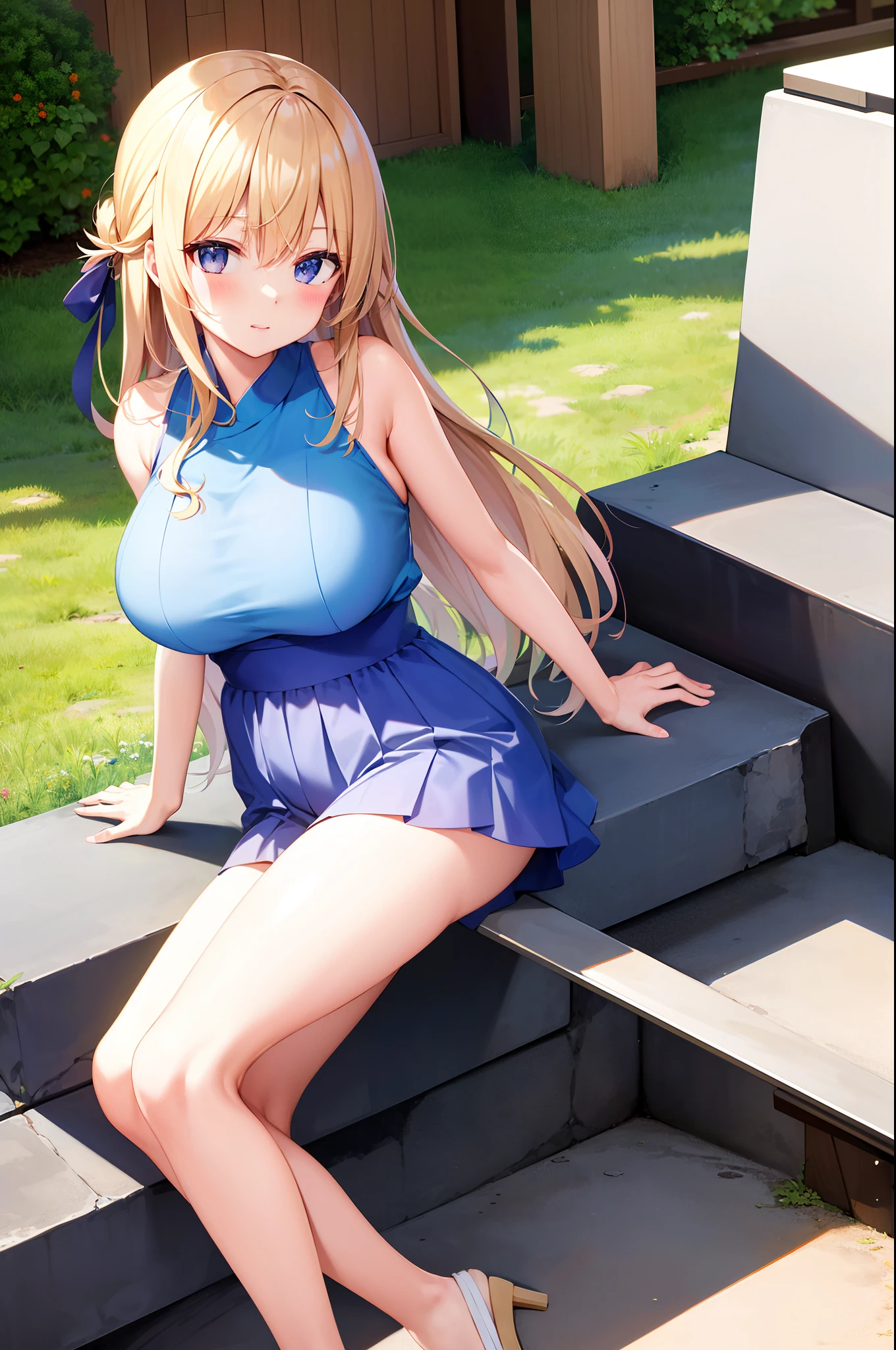 a blond、blue eyess、Very cute、top-quality、embarrassed from、Red face、The long-haired、Nasty atmosphere、Lolita、fullnude、Sit up、MCharacter opening leg、a park、arbor、2 girls in、