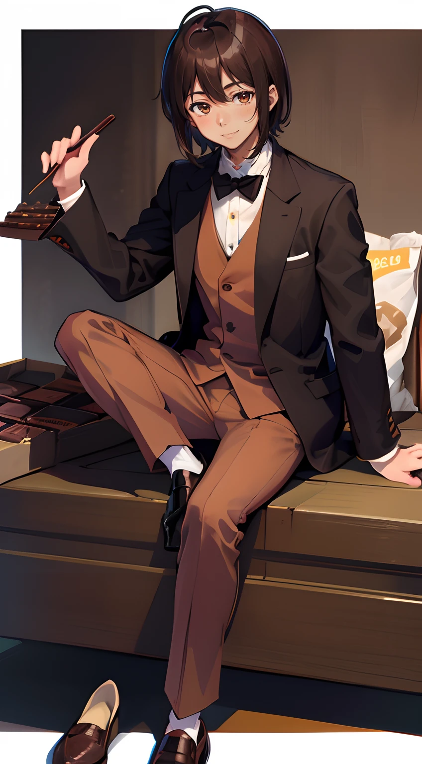 1man,Solo,Japanese anime, Handsome young man, dark brown hair, Chocolate brown eyes, Dark brown chocolate-themed costume and light fabric, Elegant design, Woven chocolate pattern, Small buttons, Fitted jacket, The vest is slightly open, Sleek pants, Chocolate Shoes, Smile at the chocolate bar, Fragrant chocolate pattern, Pure white background