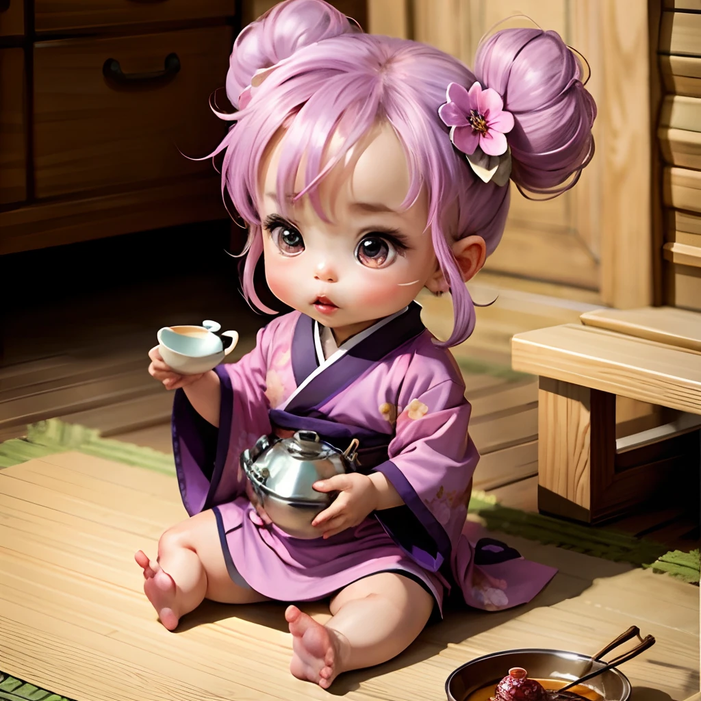 Cute baby chibi anime, purple and pink kimono, sit in the teapot