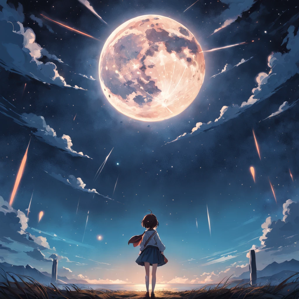 night sky, lit by many stars, perfect, best quality, best artwork, girl with short brown hair looking at the big moon, (high detailed:1.4) 8K