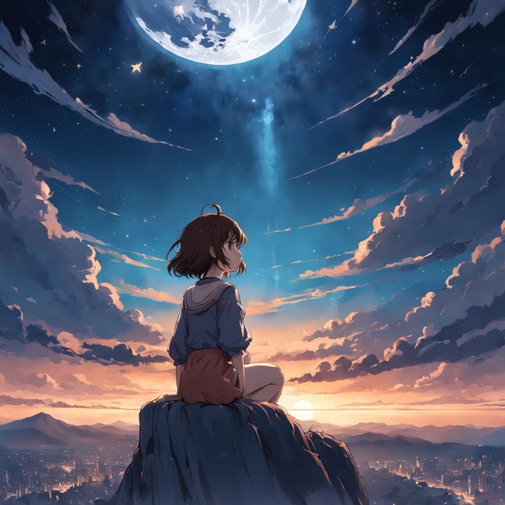 night sky, lit by many stars, perfect, best quality, best artwork, girl with short brown hair looking at the big moon, (high detailed:1.4) 8K