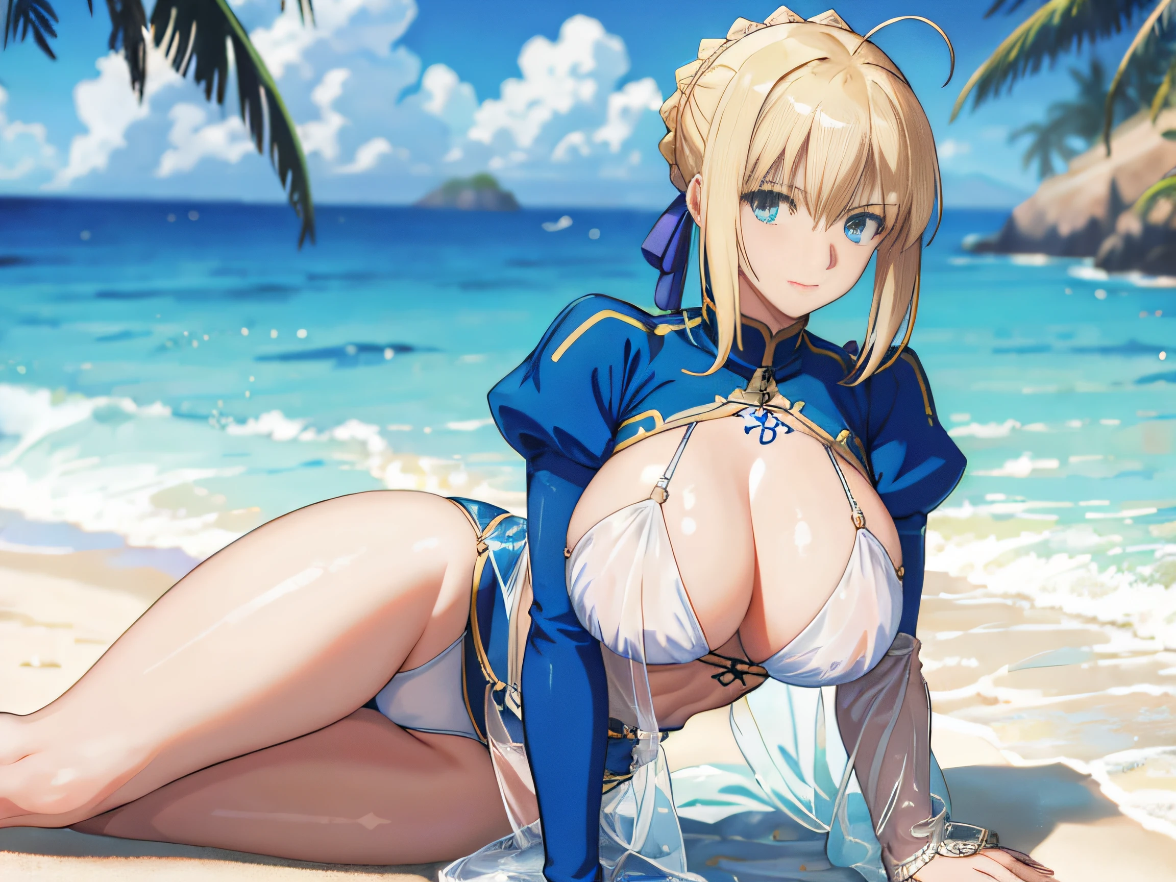 (Masterpiece:1.4), (Best quality:1.4), Realistic, 1girll,gigantic cleavage breasts,Artoria Pendragon \(fate\) , see-through transparent clothes,a white bikini, beach,laying on,spread their legs,tit