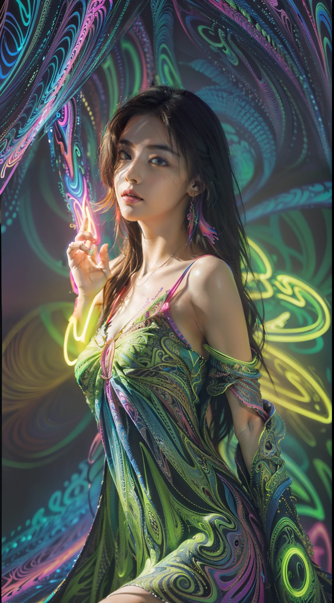 (masterpiece, top quality, best quality, official art, beautiful and aesthetic:1.2), (1girl:1.3), extremely detailed,(fractal art:1.2),colorful,highest detailed,( zentangle neon:1.2), (dynamic pose), (abstract background neon:1.5), (treditional dress:1.2), (shiny skin), (many colors:1.4), upper body ,Neon,16K,Full HD,G-string,string panties,thong,nipples