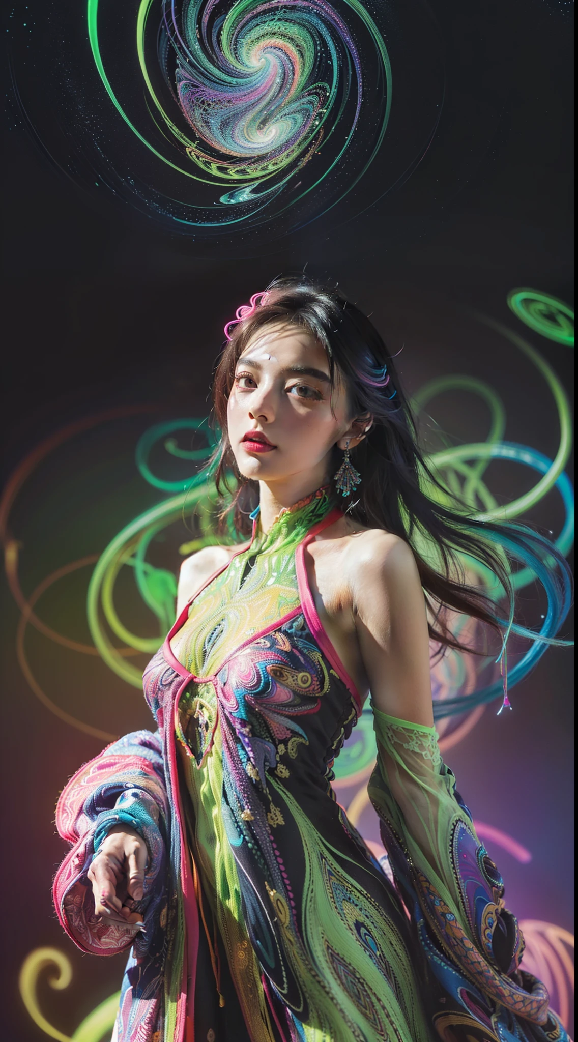 (masterpiece, top quality, best quality, official art, beautiful and aesthetic:1.2), (1girl:1.3), extremely detailed,(fractal art:1.2),colorful,highest detailed,( zentangle neon:1.2), (dynamic pose), (abstract background neon:1.5), (treditional dress:1.2), (shiny skin), (many colors:1.4), upper body ,Neon,16K,Full HD