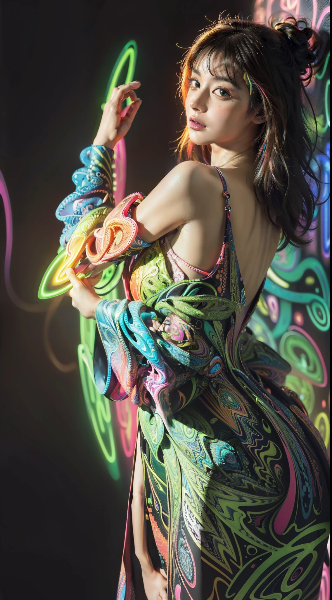 (masterpiece, top quality, best quality, official art, beautiful and aesthetic:1.2), (1girl:1.3), extremely detailed,(fractal art:1.2),colorful,highest detailed,( zentangle neon:1.2), (dynamic pose), (abstract background neon:1.5), (treditional dress:1.2), (shiny skin), (many colors:1.4), upper body ,Neon,16K,Full HD