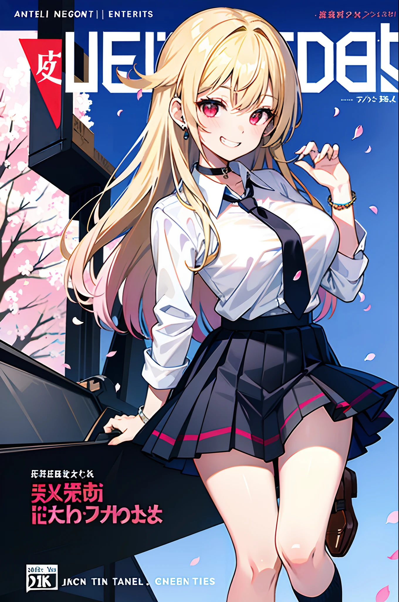 masterpiece, best quality, full body, 1girl, bangs, black choker, black necktie, blonde hair, blue skirt, blush, bracelet, breasts, choker, clothes around waist, collarbone, collared shirt, cowboy shot, dress shirt, ear piercing, eyebrows visible through hair, gradient hair, grin, gyaru, jewelry, kogal, long hair, looking at viewer, loose necktie, necktie, piercing, plaid, plaid skirt, pleated skirt, red eyes, ring, school uniform, shirt, skirt, smile, solo, white shirt, street, sky, cherry blossoms, petals,illustration, (magazine:1.3), (cover-style:1.3), fashionable, woman, vibrant, outfit, posing, front, colorful, dynamic, background, elements, confident, expression, holding, statement, accessory, majestic, coiled, around, touch, scene, text, cover, bold, attention-grabbing, title, stylish, font, catchy, headline, larger, striking, modern, trendy, focus, fashion,