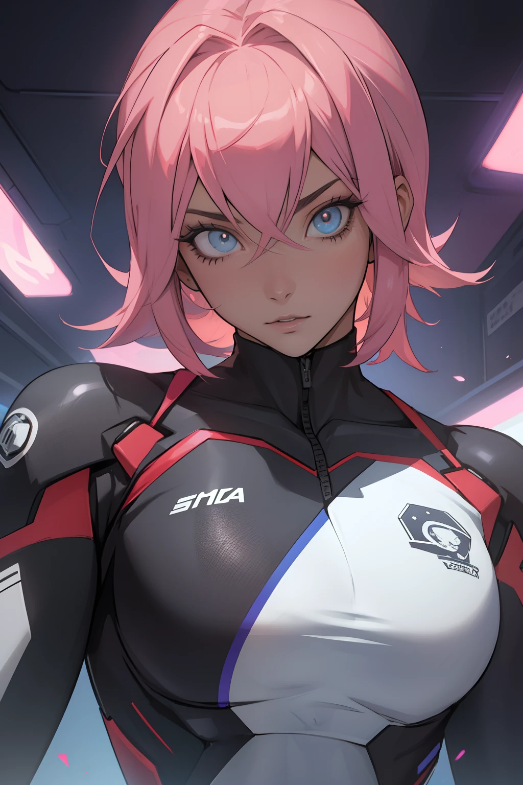 mulher feminina, sexy, pilotando um meka, anime girl, anime style, cabelos curto preto, olhos azuis, roupa robotica, cara seria