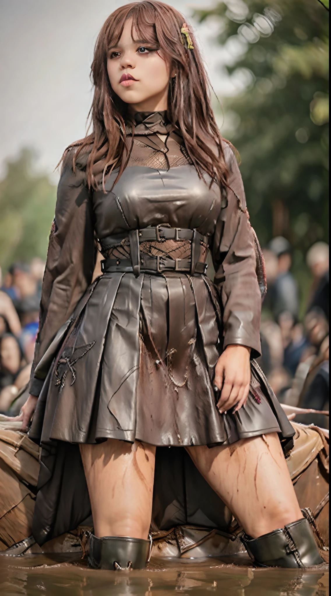 8k, highres, best resolution, hyper-realistic photo, Masterpiece, absurdres,HDR ,highly detailed eyes and face,GothGal, 28 year old Jenna ortega dressed in gothic thick leather pleated ballgown ,runny makeup, pee through leather pleated ballgown, embroidery , woman wearing a GothGal leather ballgown, leather corset, knee high riding boots, pale white skin, wearing a pleated leather ballgown, (lying down in muddy water:1.8 ),
