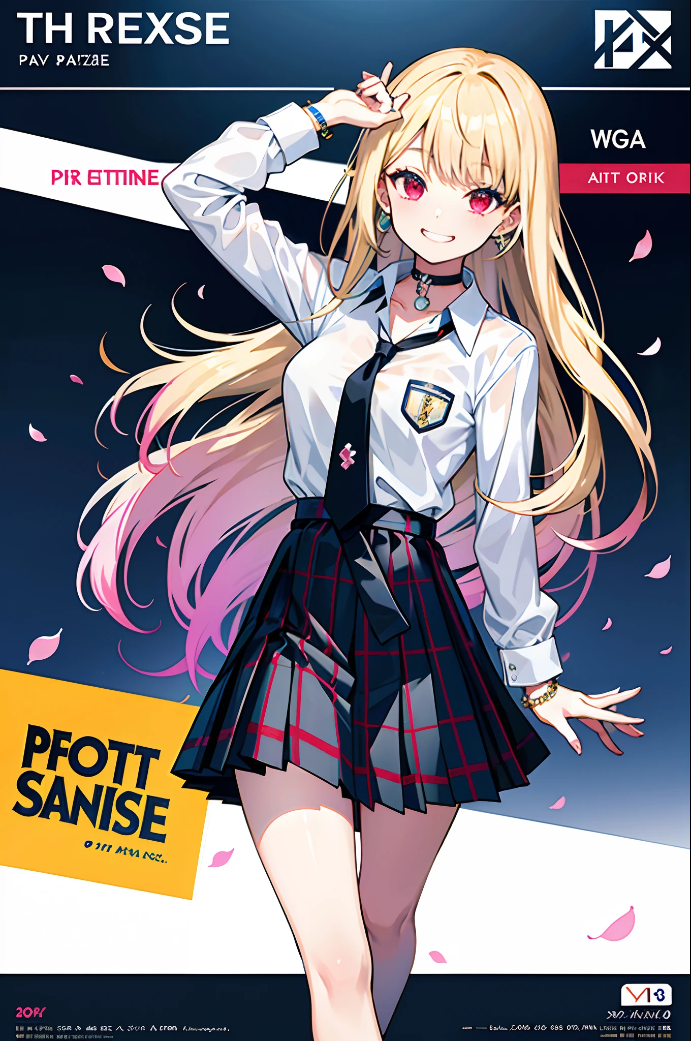 masterpiece, best quality, full body, 1girl, bangs, black choker, black necktie, blonde hair, blue skirt, blush, bracelet, breasts, choker, clothes around waist, collarbone, collared shirt, cowboy shot, dress shirt, ear piercing, eyebrows visible through hair, gradient hair, grin, gyaru, jewelry, kogal, long hair, looking at viewer, loose necktie, necktie, piercing, plaid, plaid skirt, pleated skirt, red eyes, ring, school uniform, shirt, skirt, smile, solo, white shirt, street, sky, cherry blossoms, petals,illustration, (magazine:1.3), (cover-style:1.3), fashionable, woman, vibrant, outfit, posing, front, colorful, dynamic, background, elements, confident, expression, holding, statement, accessory, majestic, coiled, around, touch, scene, text, cover, bold, attention-grabbing, title, stylish, font, catchy, headline, larger, striking, modern, trendy, focus, fashion,