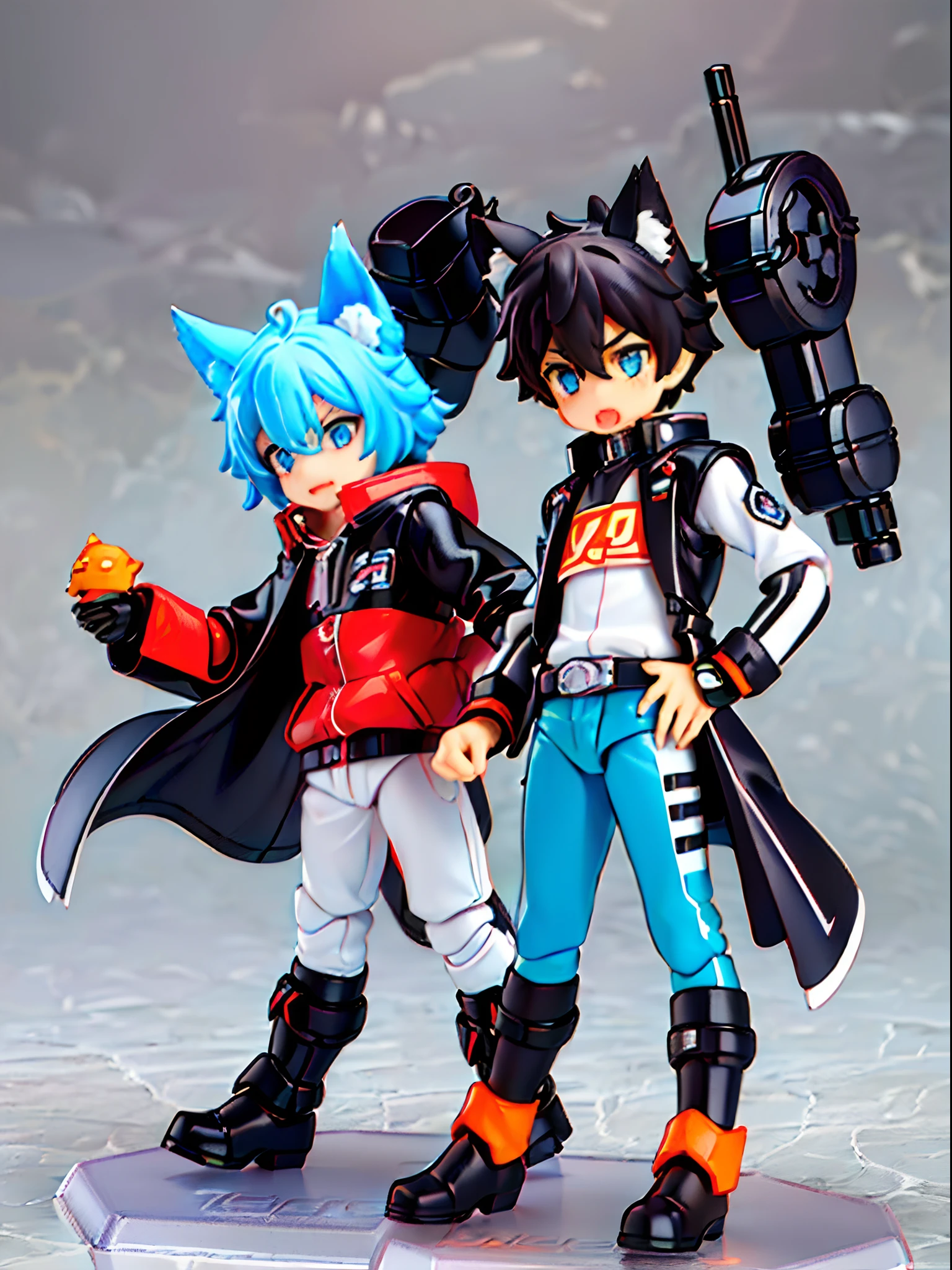((younge boy))，Wolf ears，Deep eyes，Locomotive goggles，Mech full body set，Mech arm，Racing boots，tchibi，blindbox，Clay texture，Best quality，a 3D render，vinyl toy figurine。8K quality，run