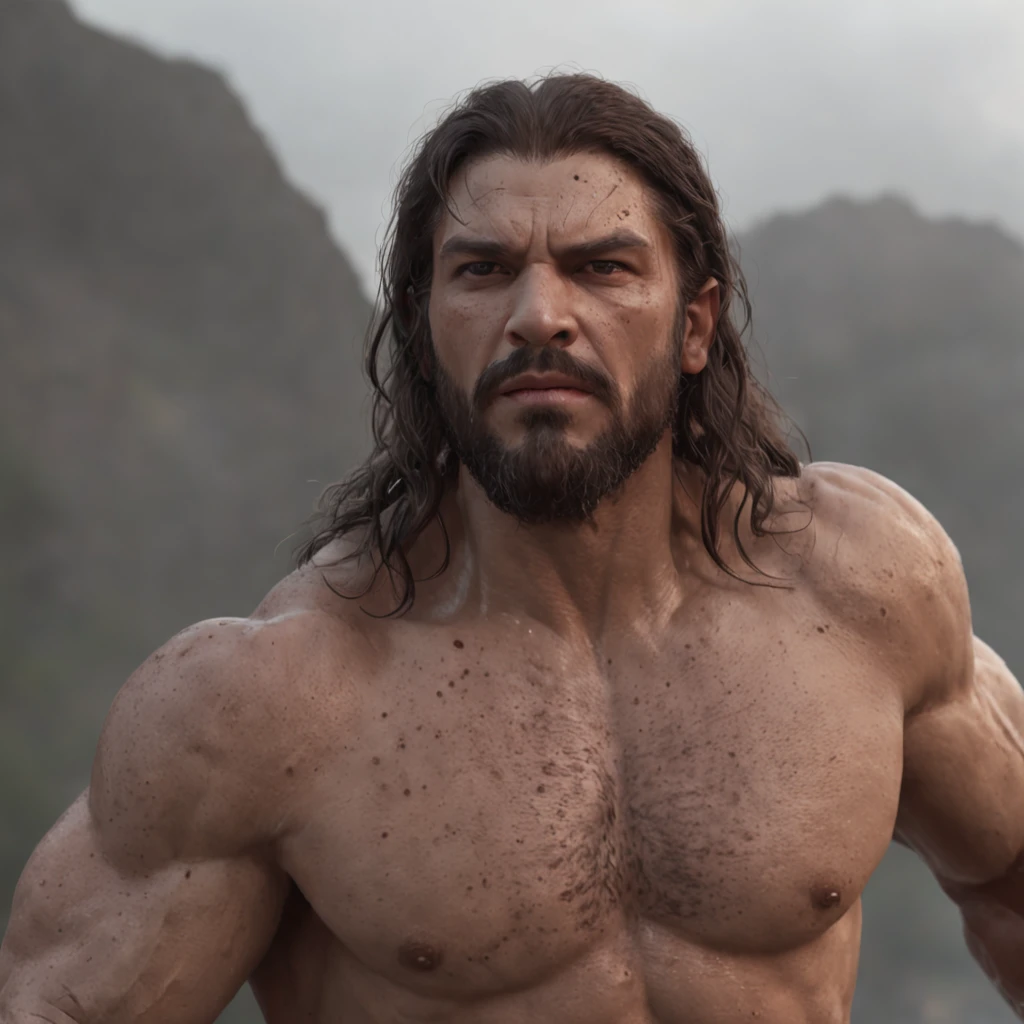 (Professional 3D rendering:1.3) de (Realistic:1.3) Foto de arte mais bonita do mundo，Features soft, bright male heroes, ((Epic hero fantasy rough muscular man wet hero angry look long hair short beard and fierce expression in dynamic pose, fantastic location, majestoso ambiente desordenado)), corpo inteiro 8k unidade render, action shot, poros da pele, very dark lighting, sombreamento pesado, circunstanciado, Rosto detalhado, (vibrante, fotogrdeia realista, Realistic, Dramatic, Escuro, foco nítido, 8k), (Old leather clothes damaged by bad weather:1.4), ((((Use peles)))), (intrincado:1.4), decadente, (altamente detalhado:1.4), pintura digital, rendering by octane, art stations, Conceito-Arte, liso, foco nítido, illustration, germe da arte, (Loish:0.23), Wlop Ilya Kuvshinov, e Greg Rutkowski e Alphonse Mucha Gracias, (global ilumination, studiolight, Light Volumetric), chuva forte, floating particles, patife, fantasia, Onze, corpo inteiroesbian, ((Fundo escuro e antigo da cidade:1.3)),CGSesociedade,art stations