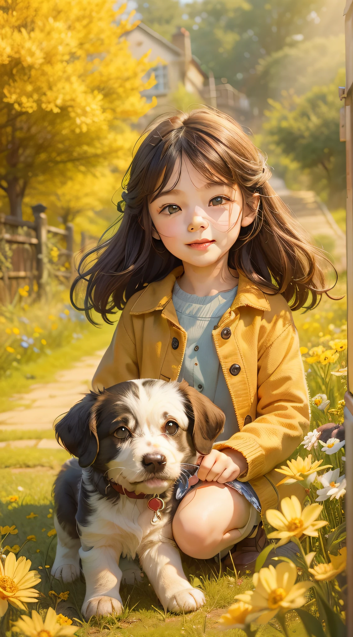 A charming girl,Brunette and her cute puppy,Enjoy a lovely spring outing surrounded by beautiful yellow flowers and nature。Country lanes,Fenced cottage,The illustration is a high-definition illustration in 4K resolution,With very detailed facial features and cartoon-style visuals。