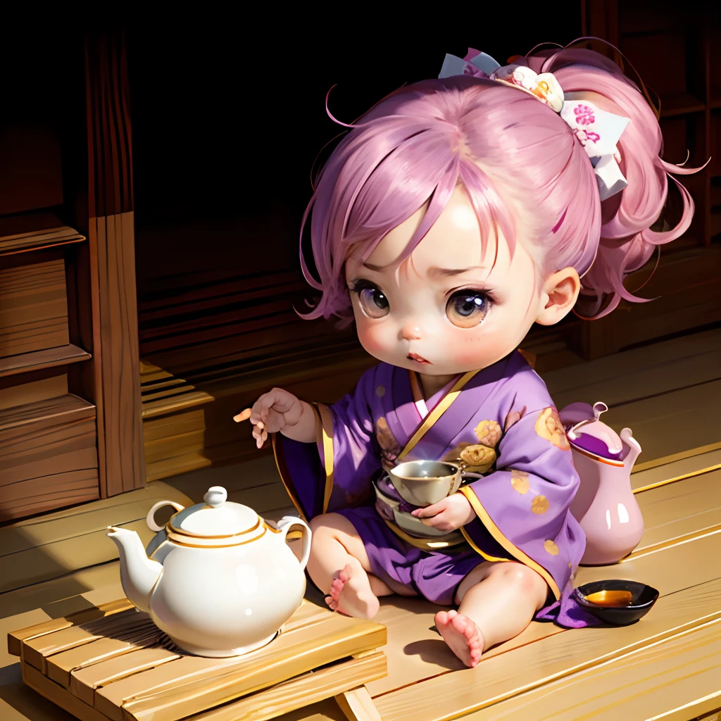Cute baby chibi anime, purple and pink kimono, sit in the teapot