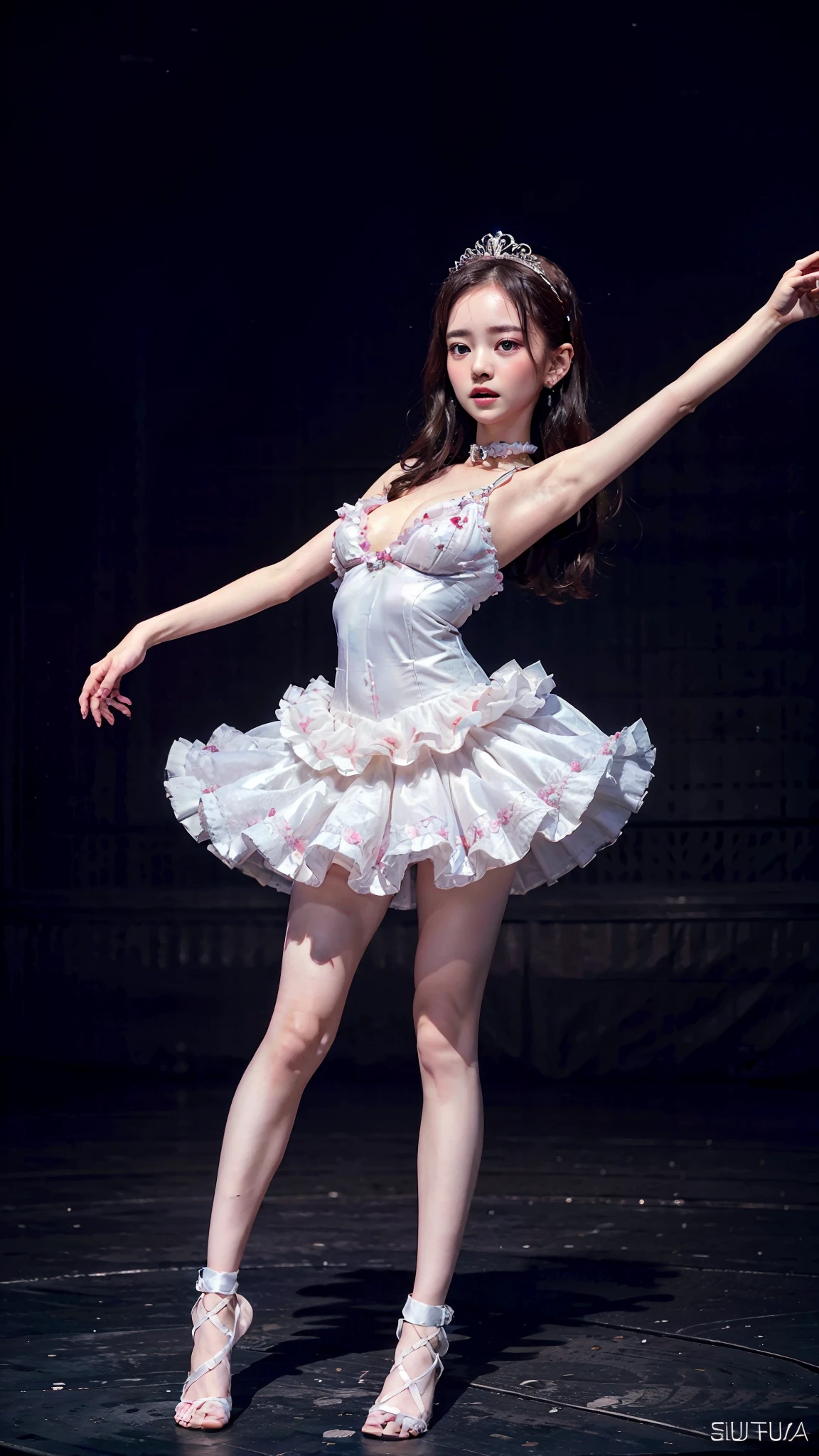 wearing tutu、in theater、Dancing、(Best quality, 32k, Masterpiece:1.2), (photorealistic:1.37), (Detailed extremely KAWAII face & eyes、detailed sweaty Porcelain skin textures、Extremely Detailed)、Childish:1.2、from below、Full Body:1.2、、(((SFW)))、Height 140cm、{Flowers|Flower wreath|Princess Tiara|ssmile|Dark Red leather high collar|perplexed|confusion|bewitch|prank}、underboob、Very Very cute、