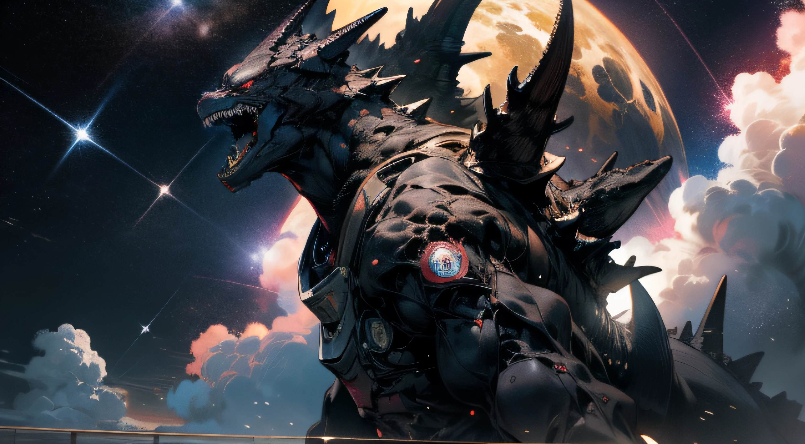 "Mecha Godzilla soaring through the vastness of space, exuding immense power and dominance, surrounded by twinkling stars and majestic nebulae."