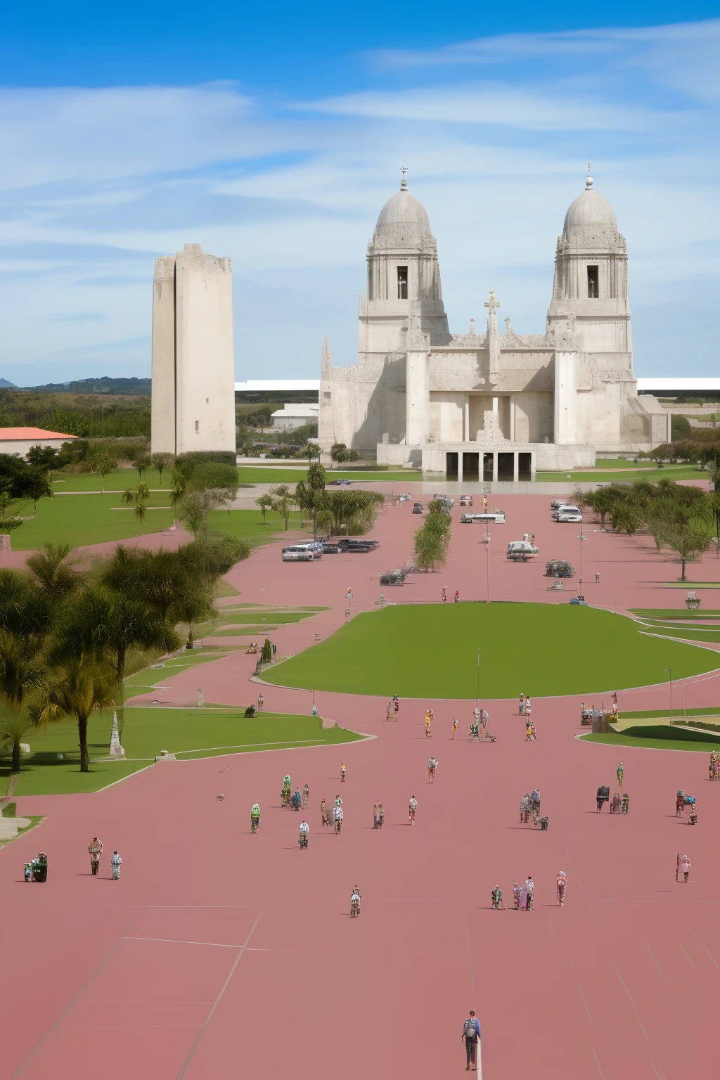 templo sagrado gigante tecnologico , largo, com duas grandes torres, Its main color is green with pink deatalhes,