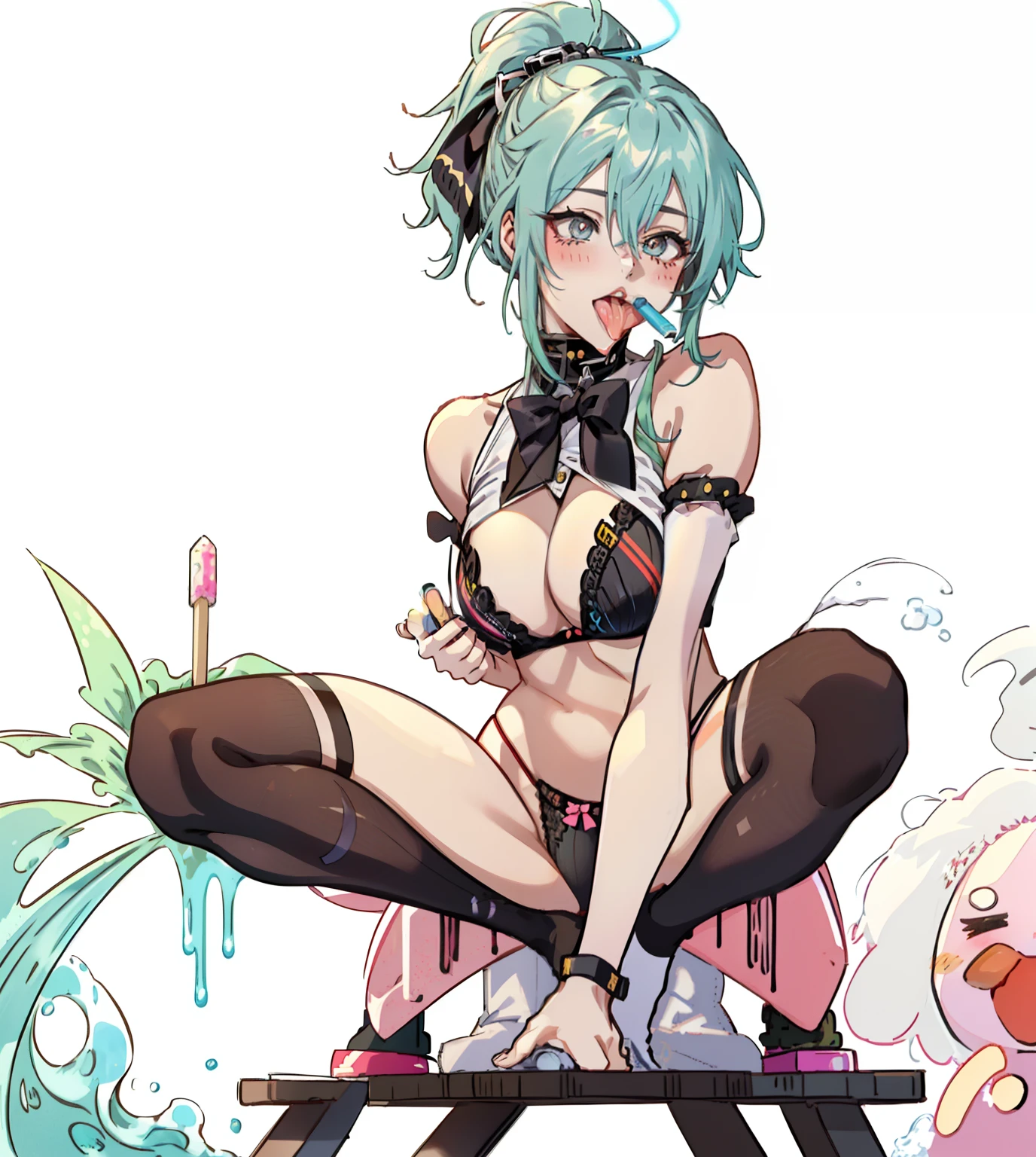 Anime girl sitting on table,beautiful anime girl crouching, Biomechanical OPPAI, Sexy pudica pose gesture, seductive anime girls, with index finger, the anime girl is crouching, an oppai cyberpunk, hajime yatate, rogue anime girl ayanami rei, ryuko matoi, sexyposture, konachan,Exhale the mist,open open mouth,Stick out her tongue,The halo,High-fork cutout panties,Mermaid line,musculature,Ambiguous eyes,High-fork panties,Be red in the face,huge tit,over knee socks,Excitation,open open mouth,Stick out her tongue, dropping saliva,Lick popsicles,White popsicles,Melted popsicles,Hair tied up,Long tongue,Single horsetail,The melted popsicle falls on the chest,Excitation,Place your hands on your chest,Plenty of liquid,White liquid
