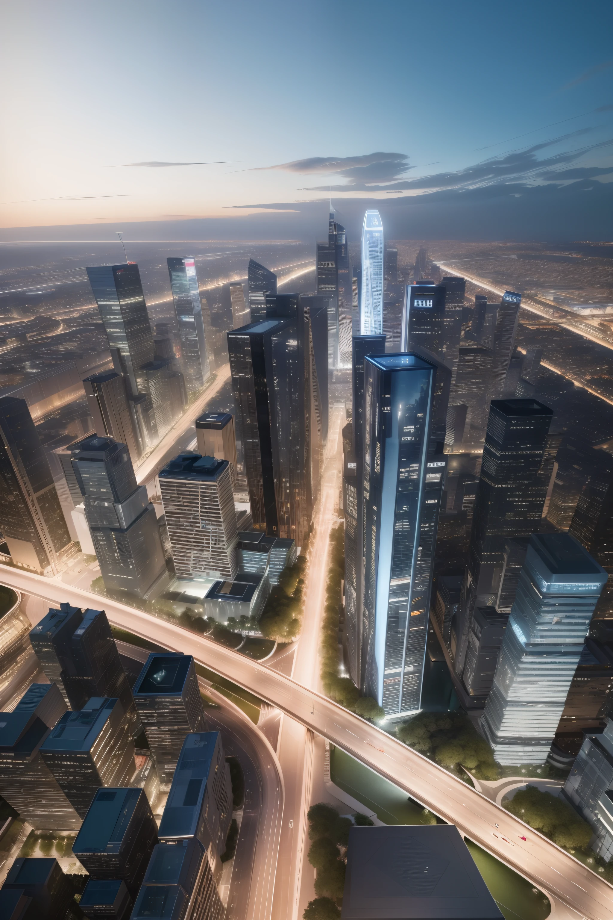 masterpiece, best quality,(Future technology city:1.1),fantastic sense of light,river, Dense city, super high-rise buildings,high resolution,hyper quality,full details.bird 's-eye view, The complex features pedestrian streets and exquisite shops, with modern architectural facades creating a sleek and sophisticated environment. at the dawn atmosphere with Gorgeous City Light Show,The use of three-dimensional corridors and glass curtain wall towers adds to the overall futuristic feel of the scene, while realistic lighting and three-dimensional greenery create a sense of depth and vibrancy. The street planting is exquisitely detailed, adding a touch of natural beauty to the urban space. Rendered in high definition quality using 3D rendering software, the image is a breathtaking piece of urban design, strong contrast of light and shadow, Extreme material details, 4K,8K, high quality, shaped curves, curved buildings, strong glass reflections, shimmering, (SOM:1.1), (Zaha:1.2), interior building lights coming through in the shadows, clear architectural structures
