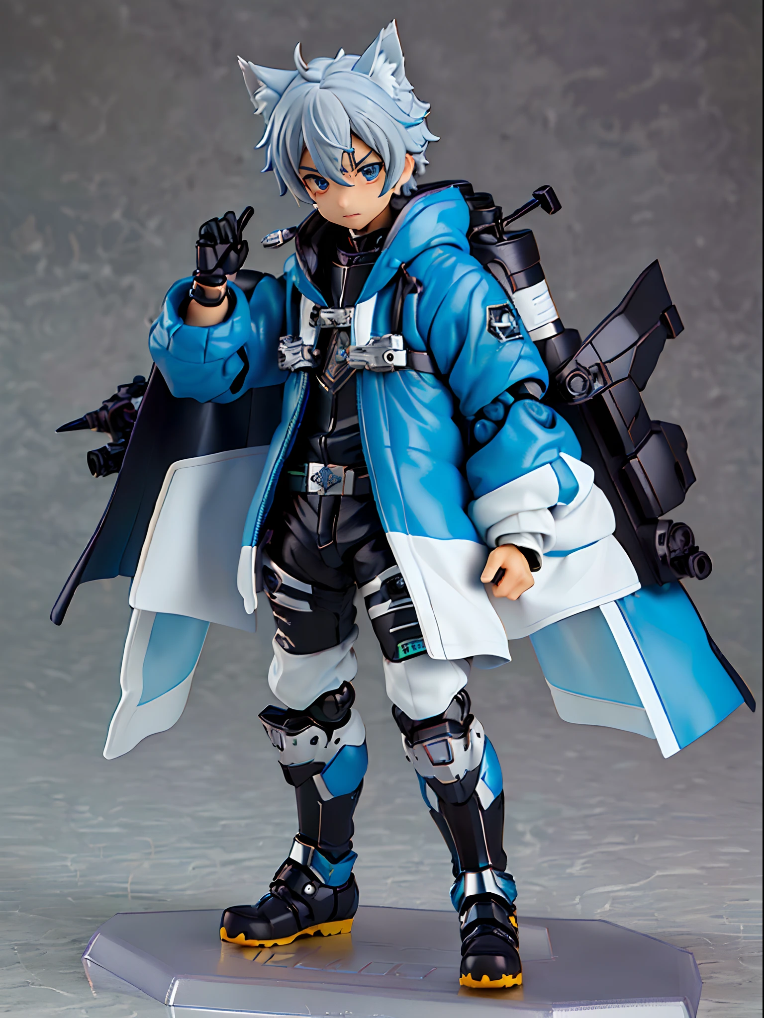 ((younge boy)),Wolf ears,Deep eyes,Locomotive goggles,Silver dye,Blue dye,Mech full body set,Mech arm,Racing boots,tchibi,blindbox,Clay texture,Best quality,a 3D render,vinyl toy figurine。