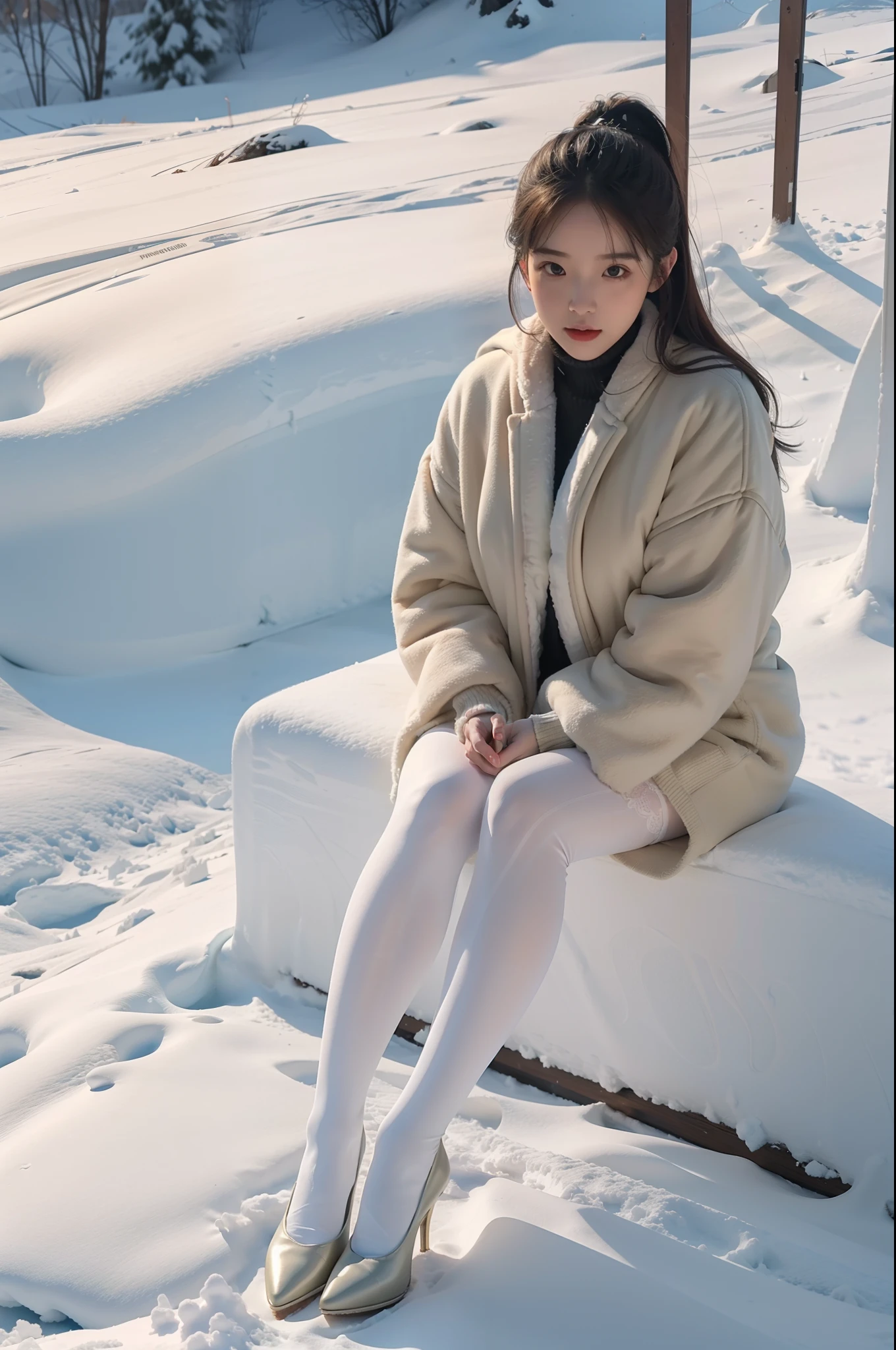 (full body:1.5),(1girl:1.3),(view the viewer:1.4),(anatomy correct:1.3),(Sitting in the snow:1.2),(A Snow 铅笔裙:1.2),( Very thick Lime Pantyhose:1.3),( girl pointed thick heels :1.1),(Accurate and perfect face:1.3),hyper HD, Ray traching, reflective light, structurally correct, Award-Awarded, high detail, lighten shade contrast, Face lighting ,cinematic lighting, masterpiece, super detailing, high quality, high detail, best quality, 16k,High contrast,
