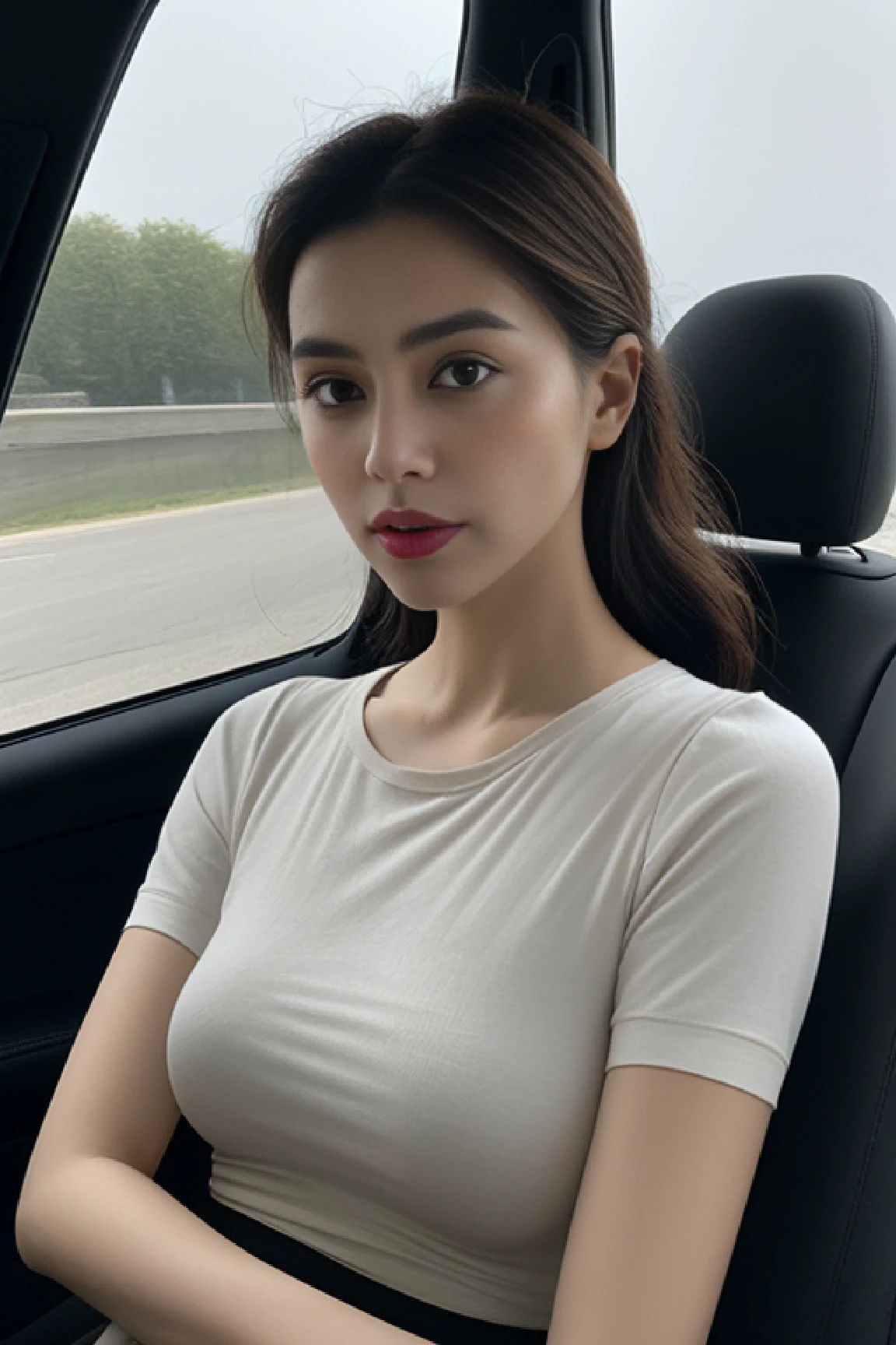(8K、proffesional、top-quality、masterpiece:1.2)、(Highest Details Skins:1.2)、(Supreme Detail Face:1.2)、large full breasts、(((Wet transparent plain t-shirt)))、Dark bras、Upper body close-up, (nsfw:1.5),