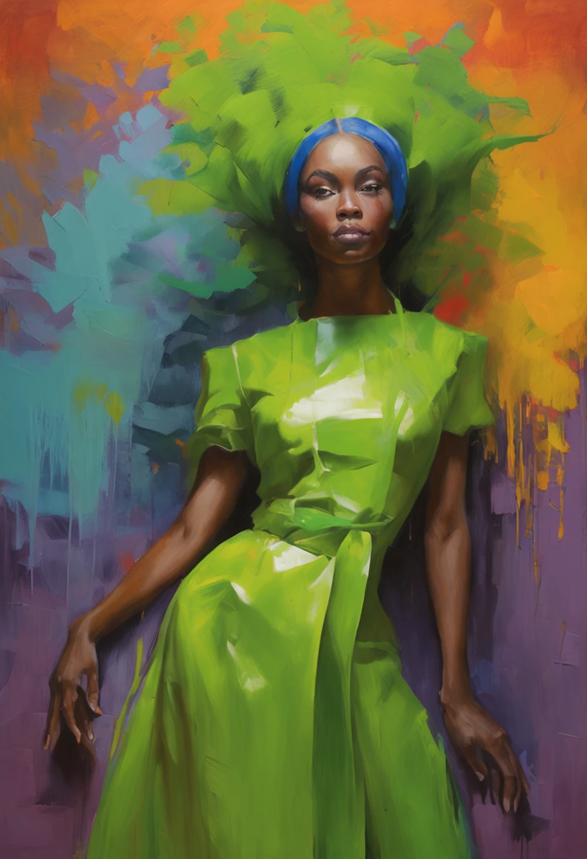 Beautiful girl looks like Billie Eilish, sexy figure, sexy pose, hot clothes, green and black hair, beauty face, void elf, light purple skin, bright blue eyes, elf, mage