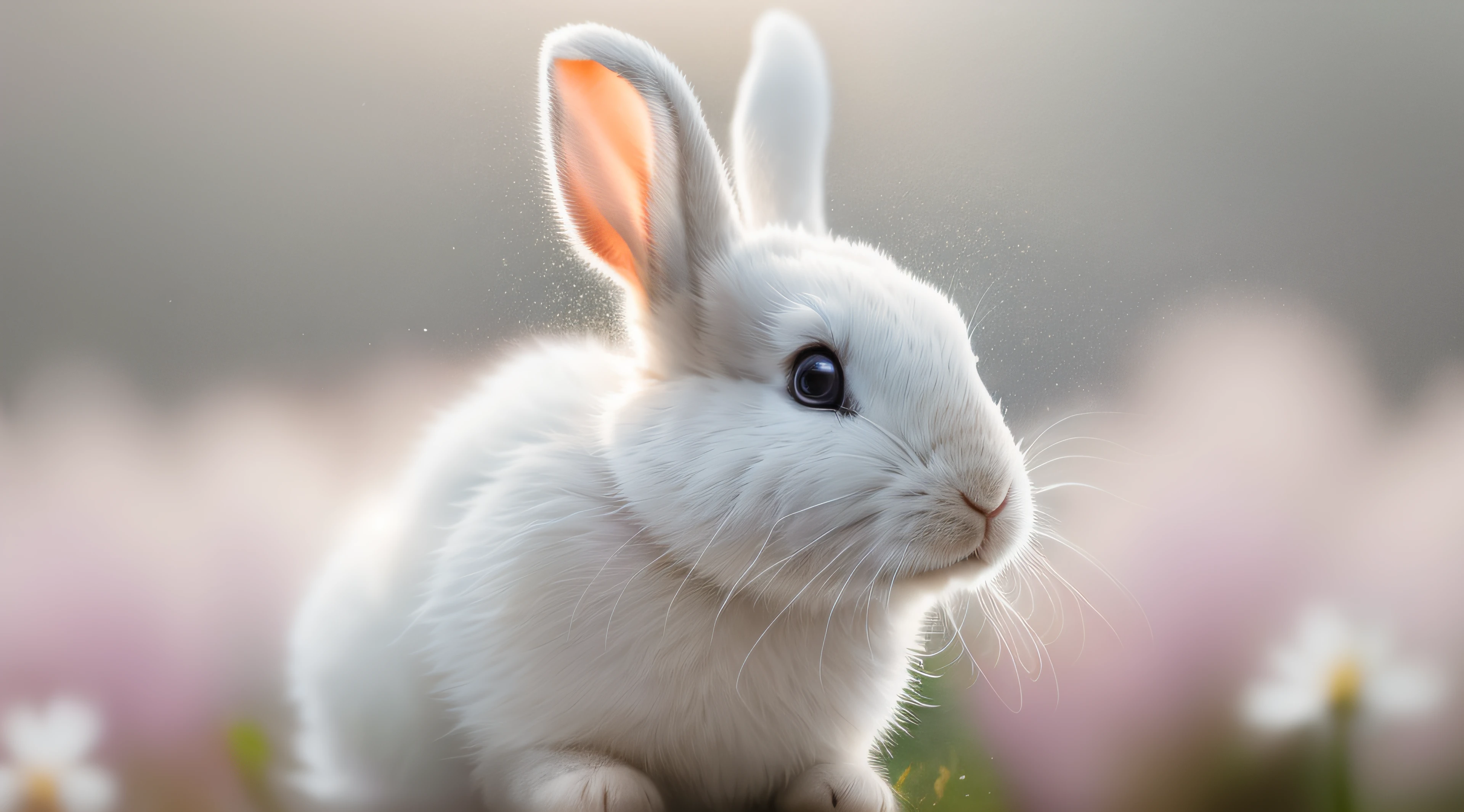 Close-up photo of a white rabbit facing the sky，Sunshine Park，clean backdrop，depth of fields，largeaperture，photography of，volume fog，Halo，blooms，Dramatic atmosphere，at centre，the rule of thirds，200 mm 1.4F macro shooting