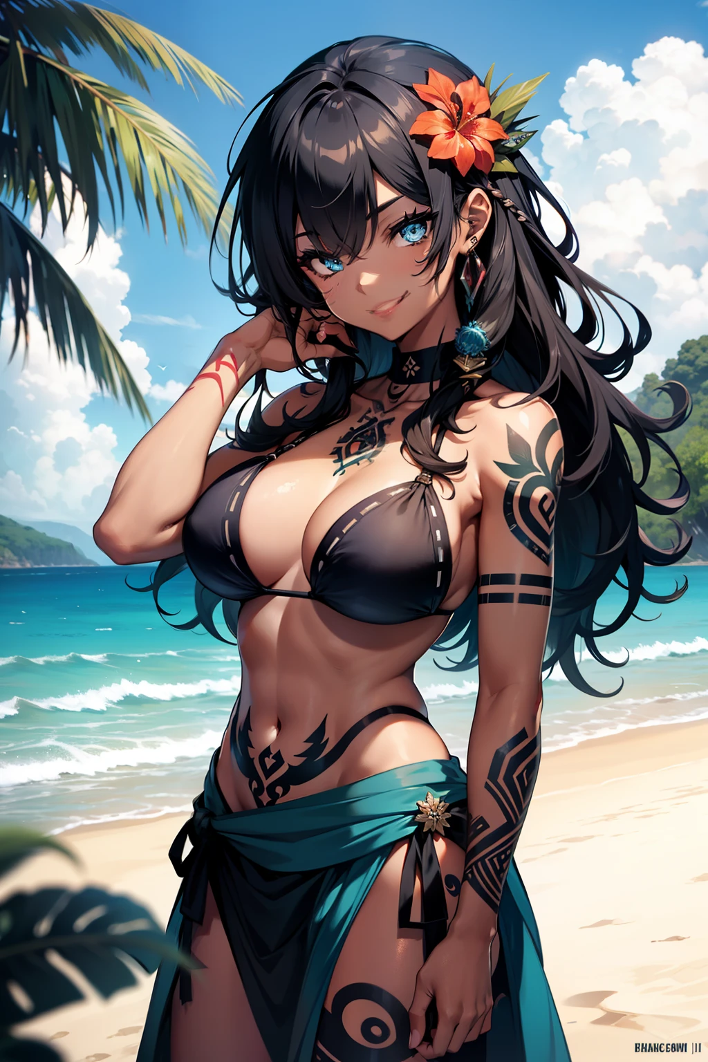girl, tattooed body, Maori tattoos, arm tattoos, black tattoos, ring tattoos, blue eyes, curly hair, black skin ,bikini, tropical, seaweed skirt, on a beach, smiling, sensual face, 4k