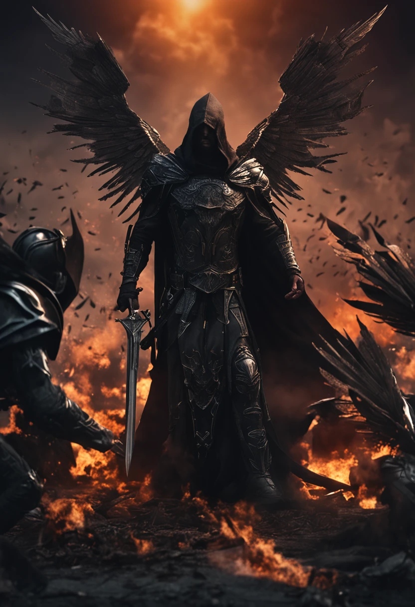 Realistic, 4K, Angels with big wings, Black clothes, one sword, Hood on head in war background image (chaos)