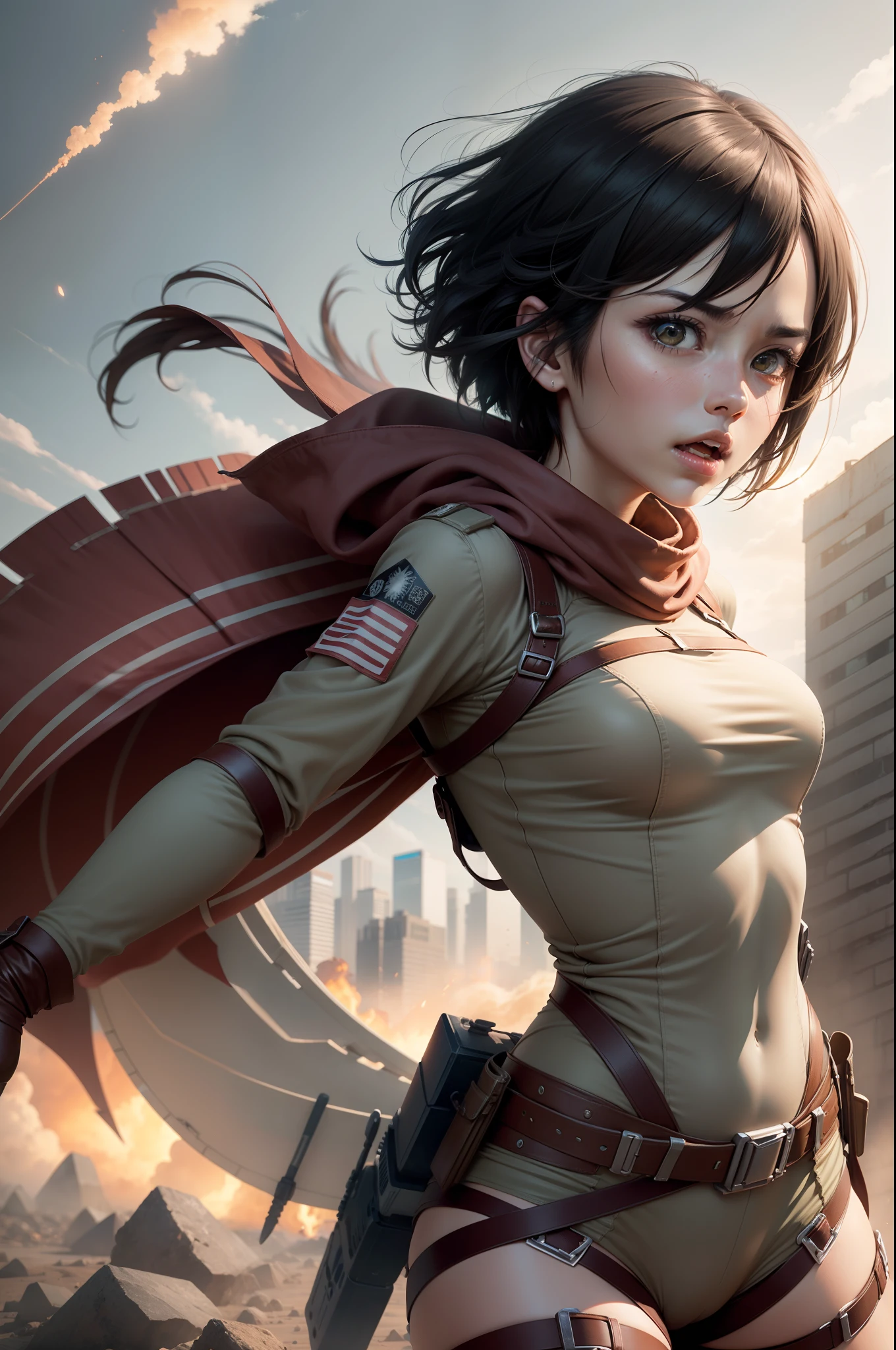 Mikasa's Attack on Titan, dynamic pose, Medium air with ODM equipment in action --Size 1:1