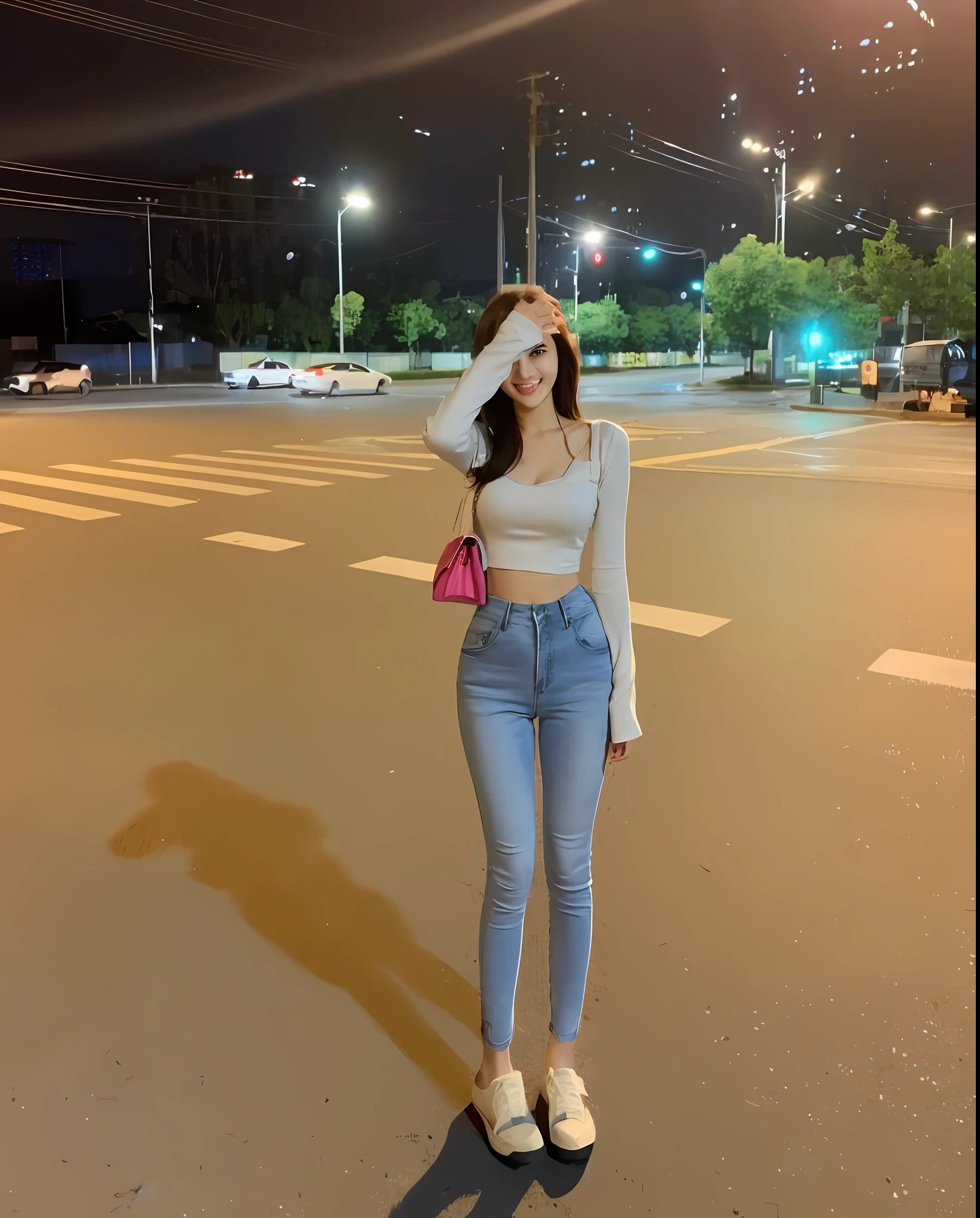 ((Best quality, 8k, Masterpiece :1.3)), 1girl, smiling, full body, slim face, Pretty woman, (Dark brown hair), full length dress :1.1, Ultra-detailed face, Detailed eyes, Double eyelid, blur background, slim face, city, outside, street,