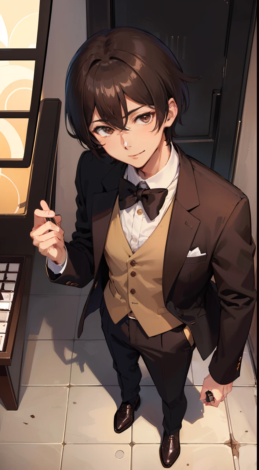 1man,Solo,Japanese anime, Handsome young man, dark brown hair, Chocolate brown eyes, Dark brown chocolate-themed costume and light fabric, Elegant design, Woven chocolate pattern, Small buttons, Fitted jacket, The vest is slightly open, Sleek pants, Chocolate Shoes, Smile at the chocolate bar, Fragrant chocolate pattern, Pure white background