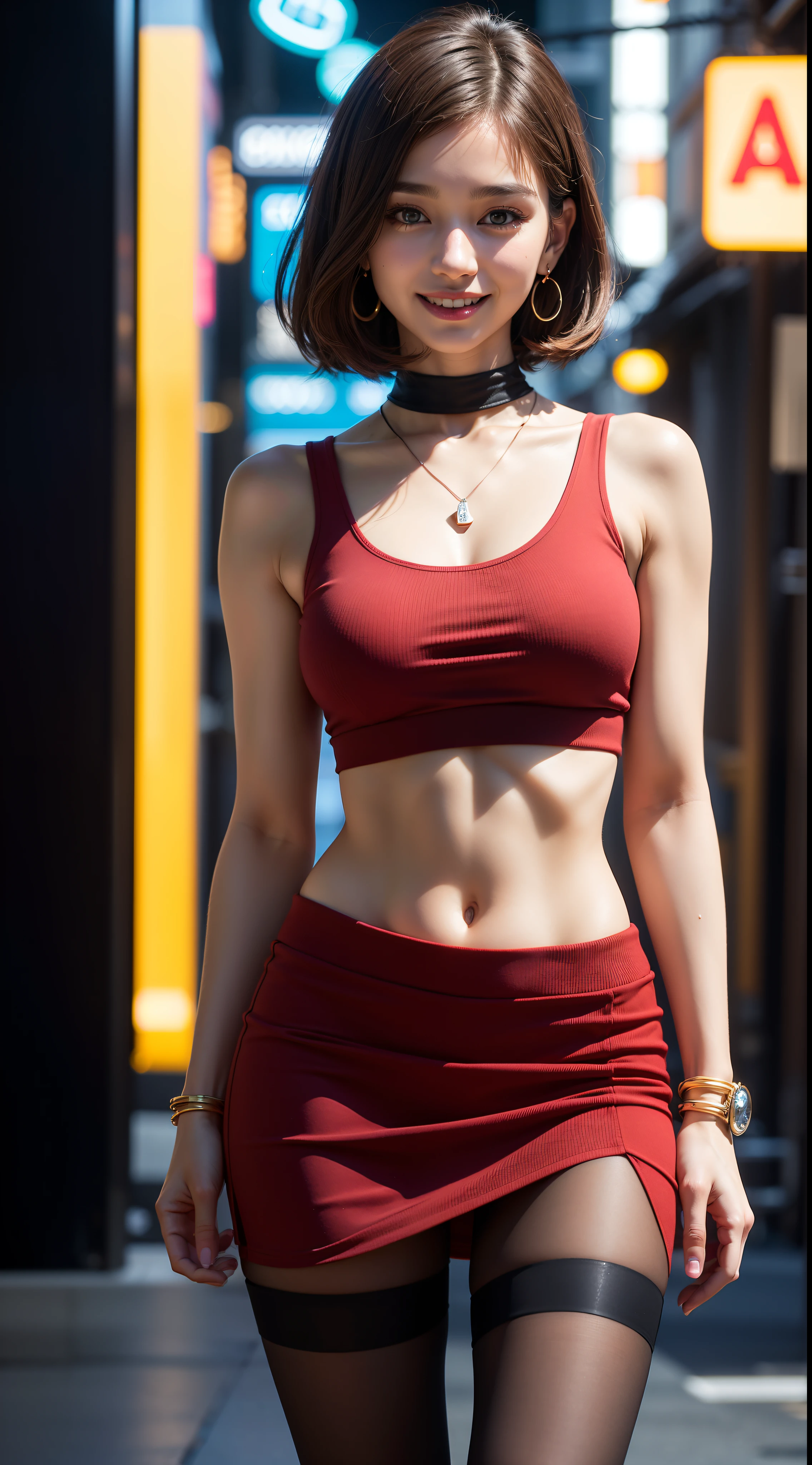 8k, masterpiece, RAW photo, best quality, photorealistic, extremely detailed CG unity 8k wallpaper, Depth of field, Cinematic Light, Lens Flare, Ray tracing, (extremely beautiful face, beautiful lips, beautiful eyes), intricate detail face, ((ultra detailed skin)) 1girl, in the dark, deep shadow, pretty korean girl, kpop idol, 1 girl, (very slim slender fit-muscled body:1.3), ((looking at viewer)),(big smile:1.3), (fashion city night, dark night, (neon sign), (blurred background), fashion street night),(without people in the background:1.3), beautiful earrings, bracelets, necklace, pantyhose, clear eyes, (pale skin), (big eyes), face forward, ((upper body shot)), (looking at viewer:1.3) very slim, medium breasts, (Ultra-realistic, gazing at viewer, micromini skirt、Very short skirt、Super mini skirt with waist length slit、Super mini skirt with waist length slit, (hight resolution), (8K), (ighly detailed), (Brown hair, short-hair), (Woman in red short sleeveless sweater and very short skirt、Show the navel), (Slim body)