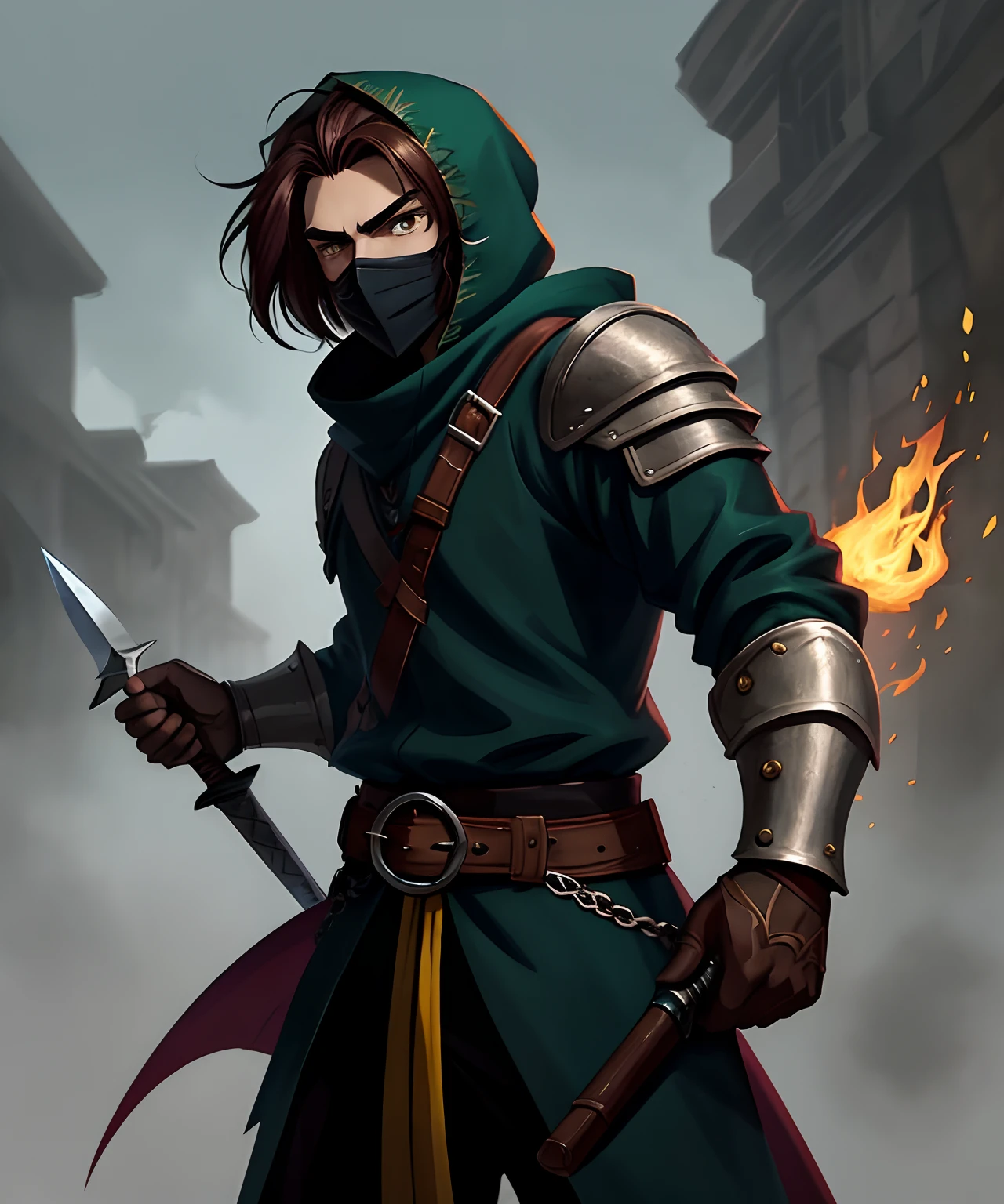 a drawing of a young man with an âmbar hair, short hair, anime style character, trigger anime artstyle, cel-shaded art style, male anime style, in an anime style, detailed hair, highly detailed character, detailed character portrait, inspired by Jean Malouel, cute guy in demon slayer art, drawn with photoshop, digital painting, detailed lighting, wearing a medieval green hood and a Black half mask, holding two daggers, brown colored hair, classic hair style, yellow eyes, medieval RPG, RPG character, medieval, fighting stance, leather half mask, demoniac red right arm