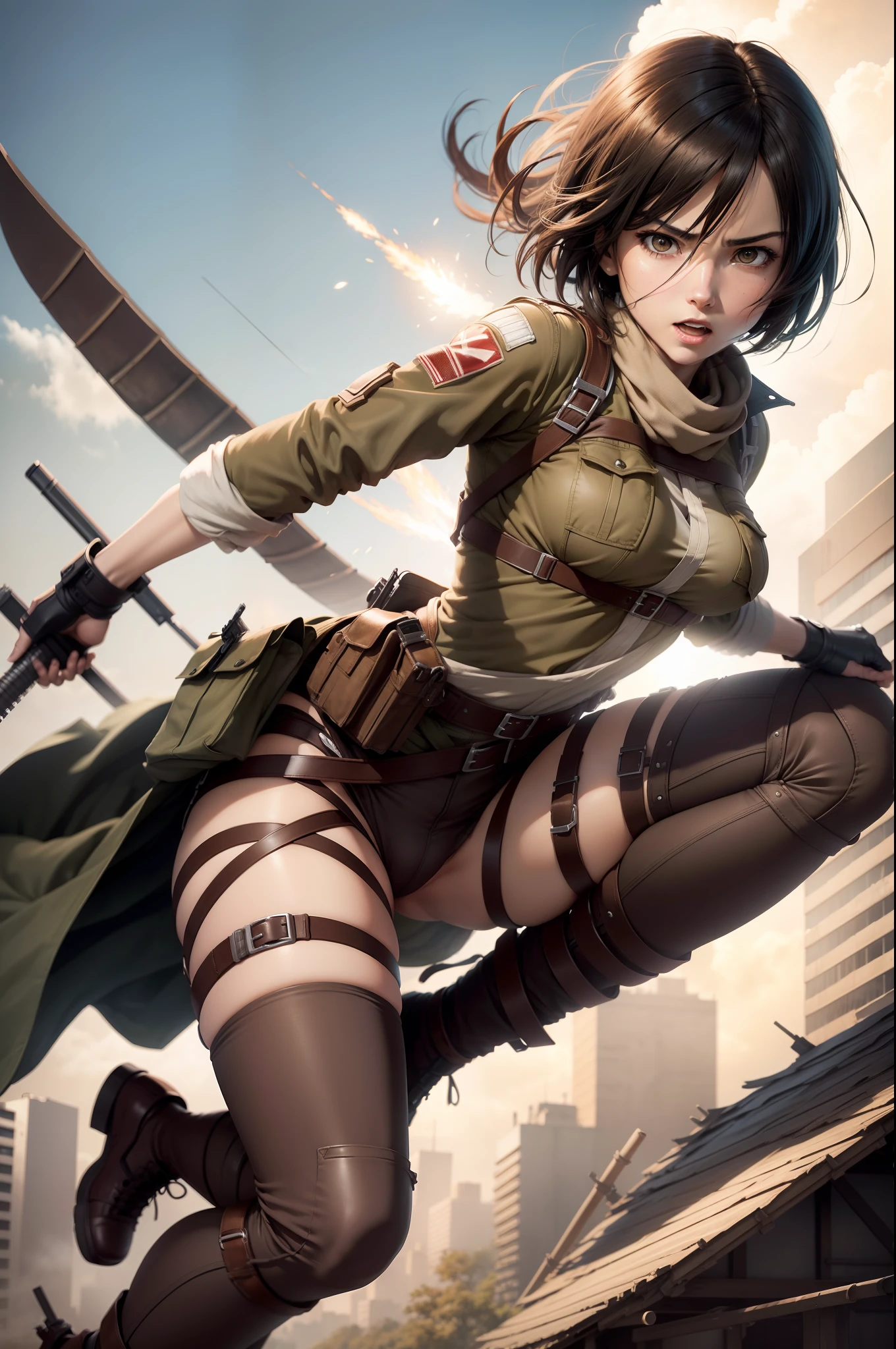 Mikasa's Attack on Titan, dynamic pose, Medium air with ODM equipment in action --Size 1:1
