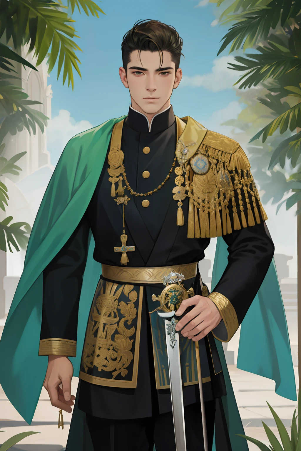 NSFW, obra-prima, melhor qualidade, ultra-detalhado, semi-realista, detailedfacialfeatures,1man,man wearing clothes from the Ottoman Empire,cabelos compridos negros,olhos verdes,protagonista,manly man,bastante masculino,man guerreiro,valente,violento,arrogante,bonito,Standing stately holding a Saracen sword,