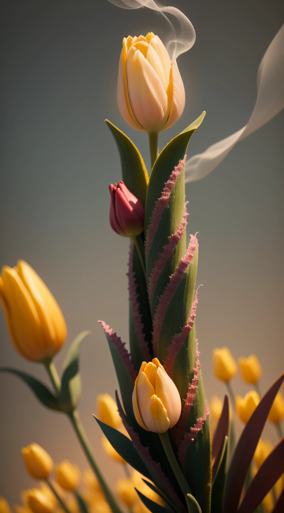Divinely beautiful microscopic world , master part , fotografia macro , teia de aranha, fechar para cima, filmic grain, chromatic aberration, Bokeh Neon , smoke billowing , altamente detalhado, Tempo ensolarado brilhante, microflores, Gotas, blur, flor de tulipas, tulipas vermelhas, tulip buds