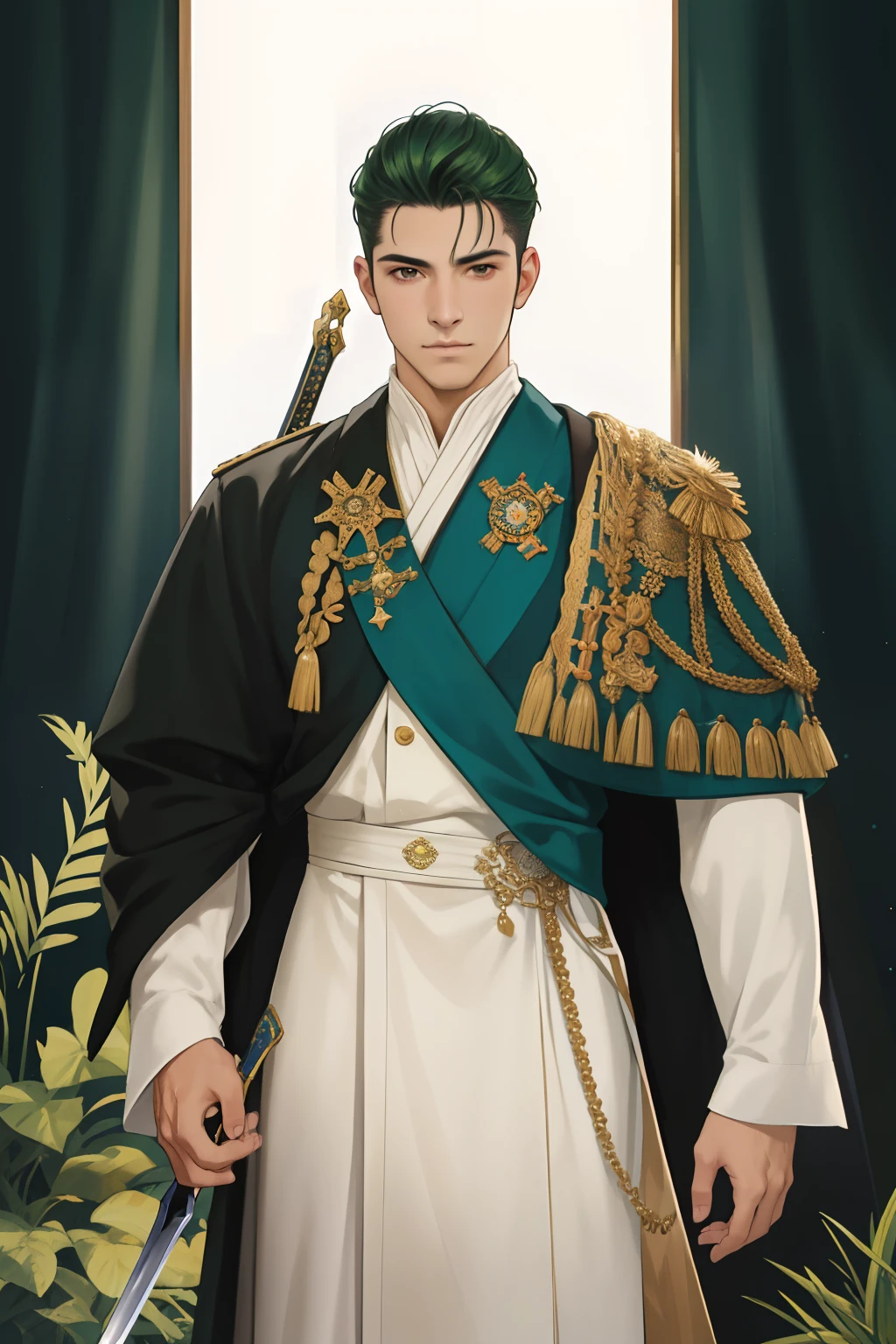 NSFW, obra-prima, melhor qualidade, ultra-detalhado, semi-realista, detailedfacialfeatures,1man,man wearing clothes from the Ottoman Empire,cabelos compridos negros,olhos verdes,protagonista,manly man,bastante masculino,man guerreiro,valente,violento,arrogante,bonito,Standing stately holding a Saracen sword,