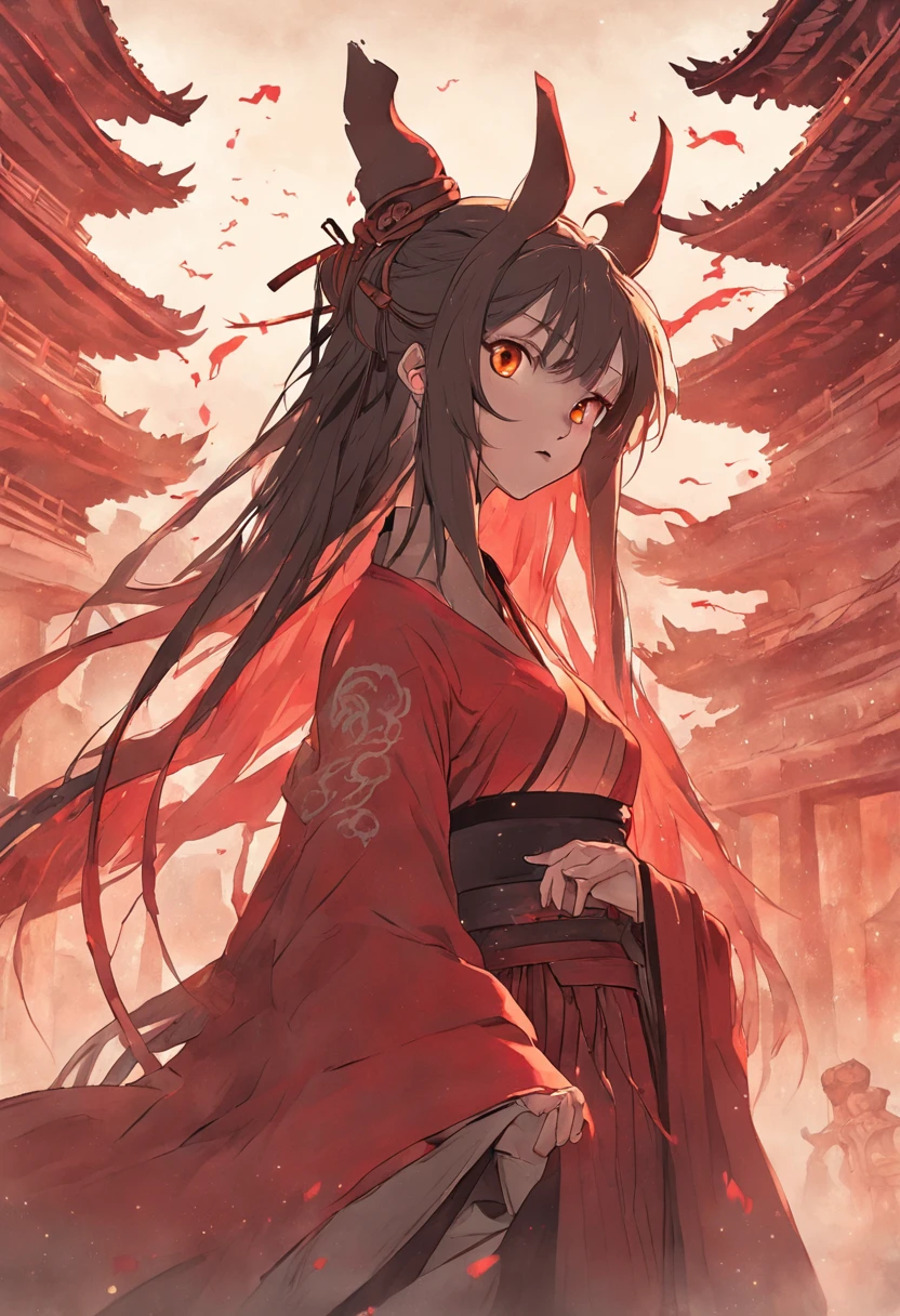 A city in ruins, Partially demolished buildings, with reddish sky with some clouds and golden sunlight behind. Sem pessoas na imagem,Longhaired Beauty,Tall and tall,Tang dynasty,Ancient China,Red eyes,The eyes are cold and evil,Chinese face,Impeccable,delicated,Ancient Hanfu,period costume,(Background with:Dark and terrifying,Countless ghosts,terroral,thriller)Cursed girl,Chinese horror,The mask is half masked,Ancient design sense mask